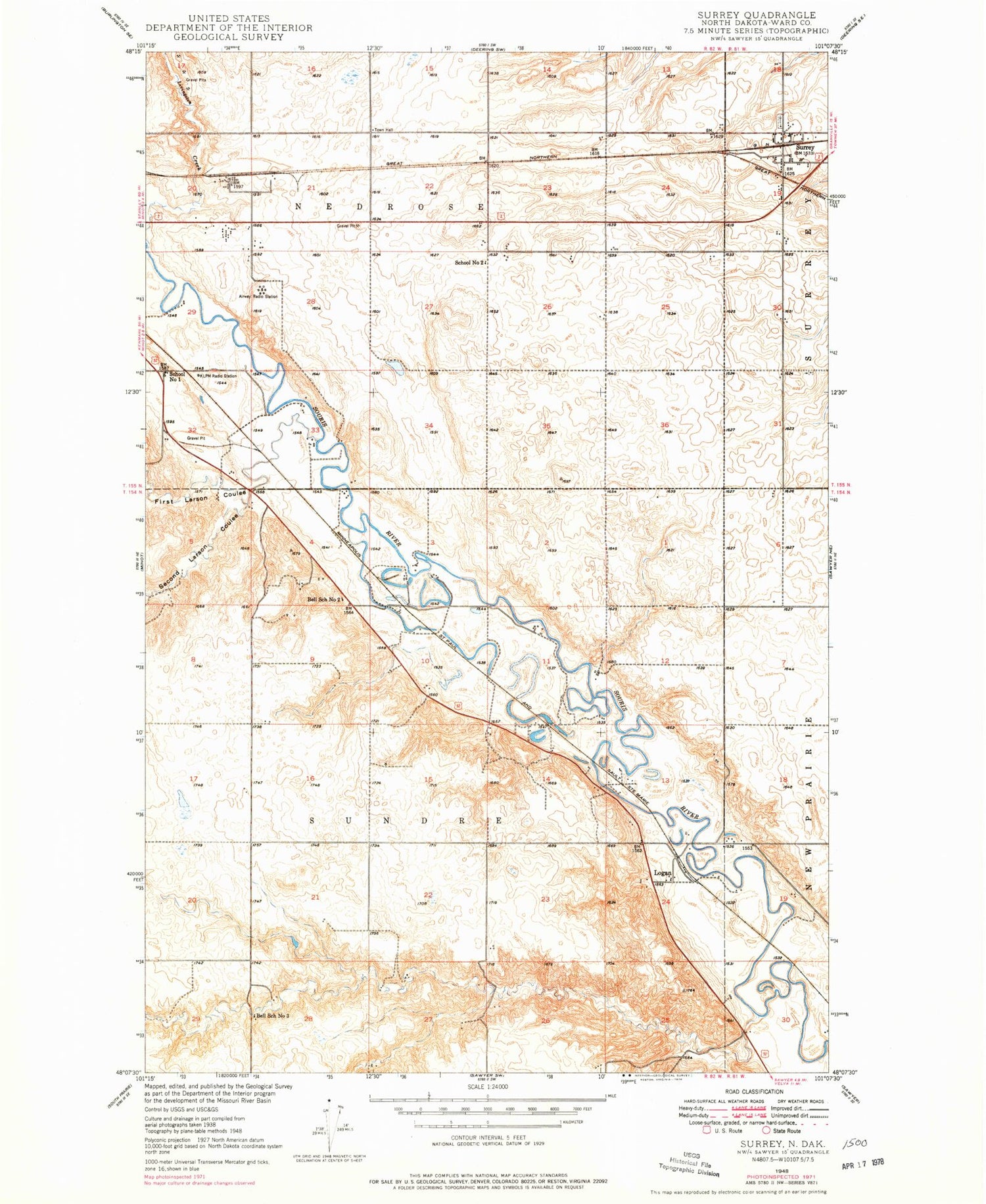 Classic USGS Surrey North Dakota 7.5'x7.5' Topo Map Image