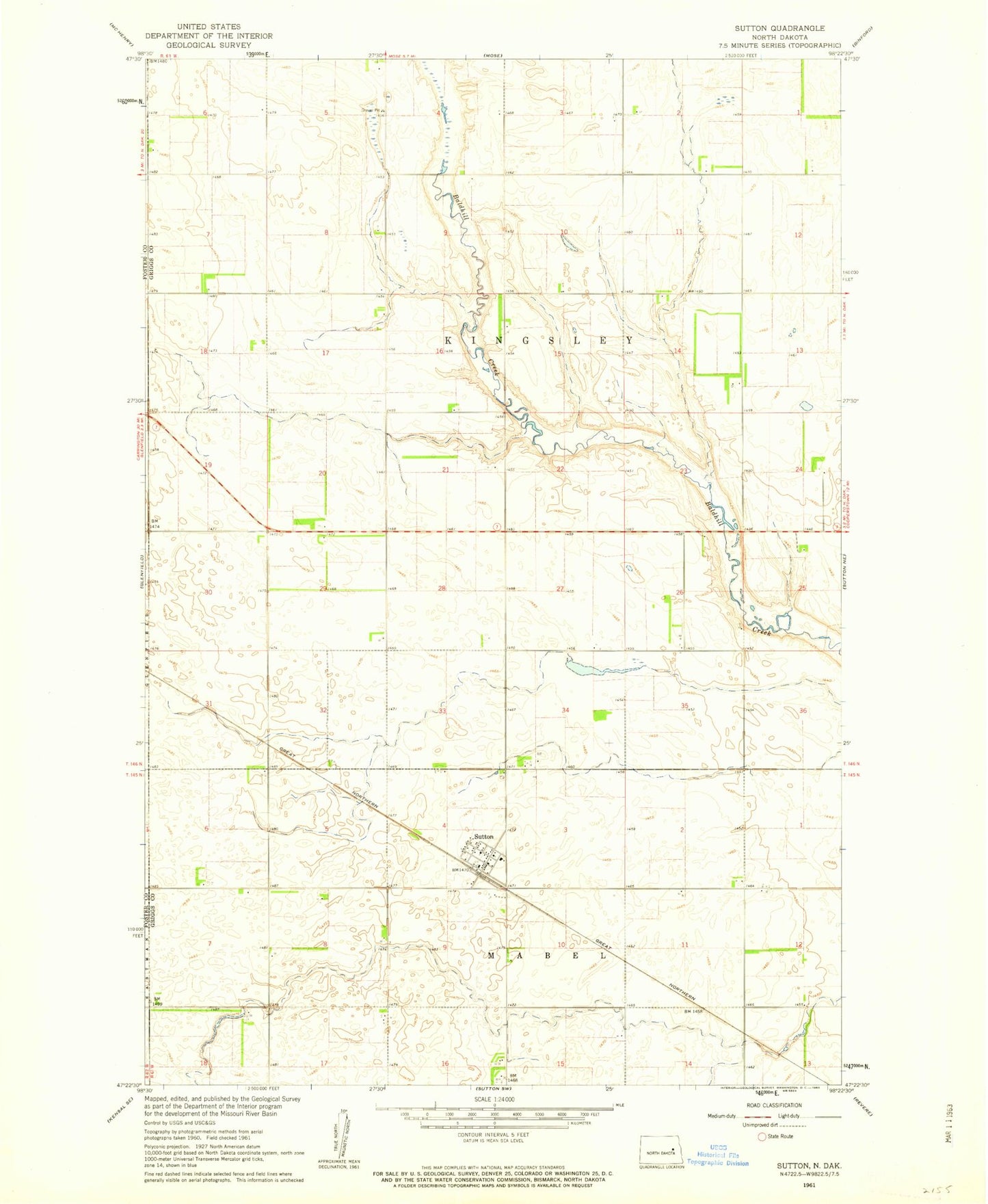 Classic USGS Sutton North Dakota 7.5'x7.5' Topo Map Image