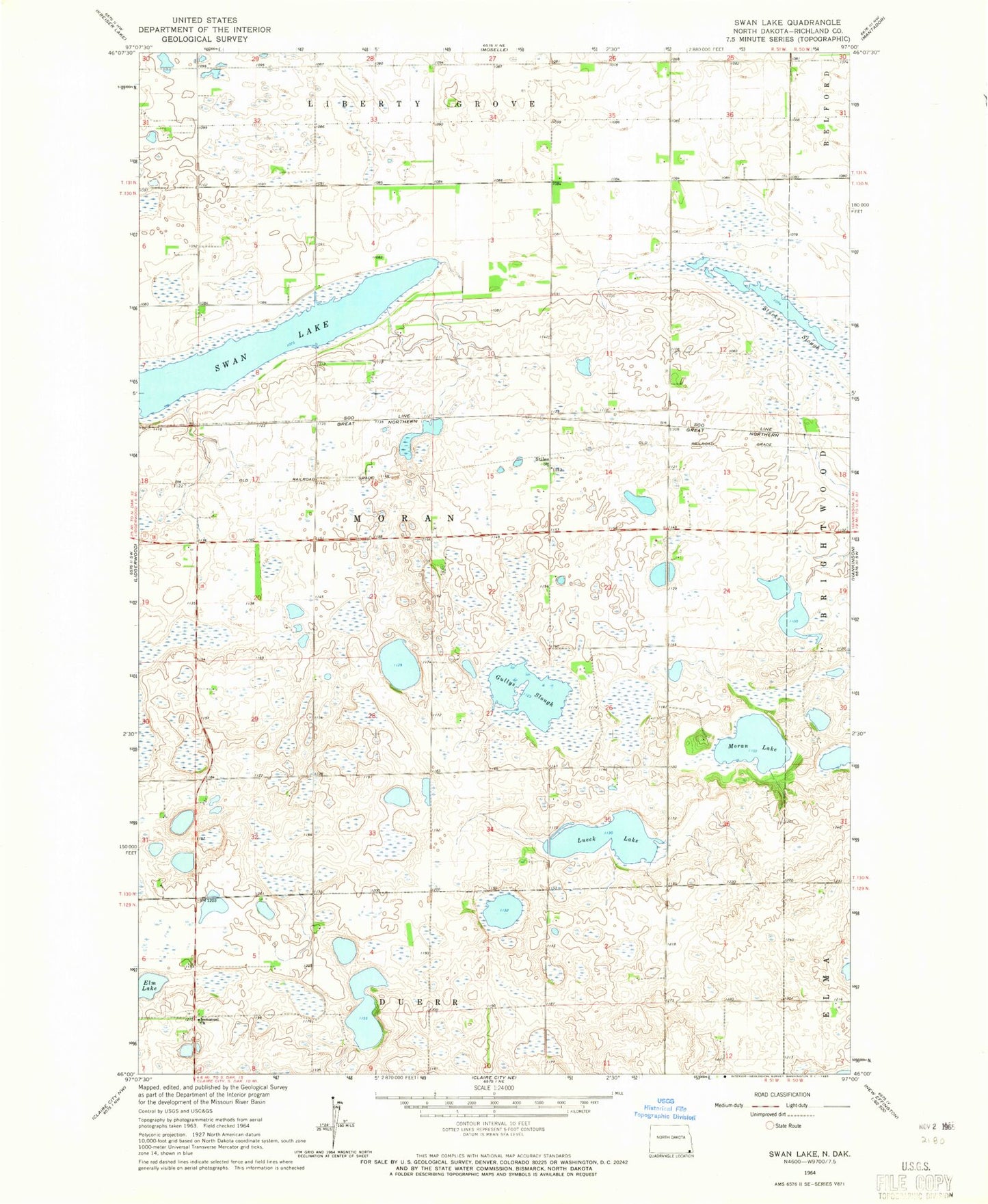 Classic USGS Swan Lake North Dakota 7.5'x7.5' Topo Map Image