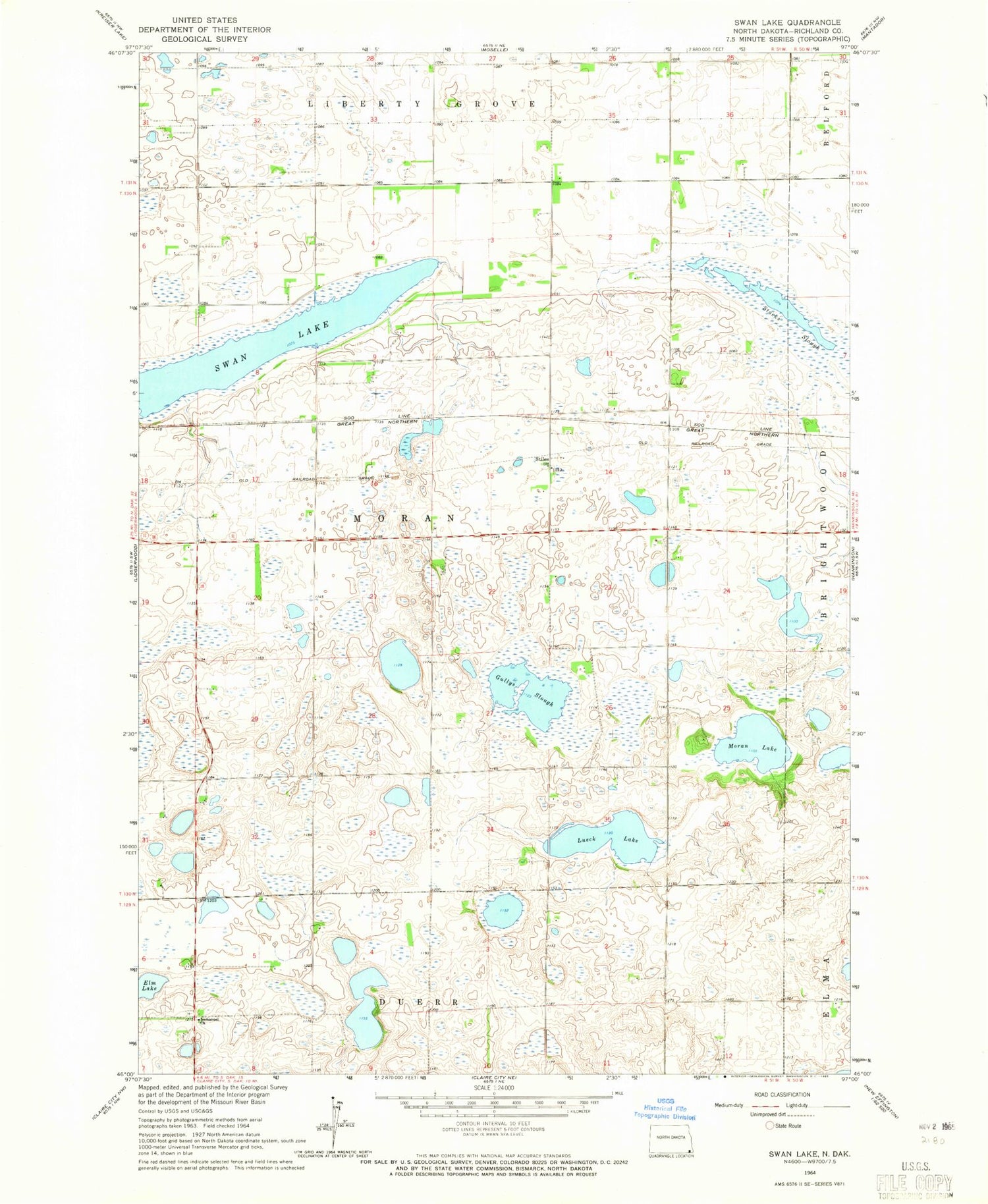 Classic USGS Swan Lake North Dakota 7.5'x7.5' Topo Map Image