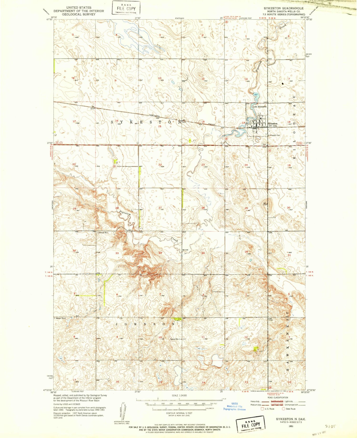 Classic USGS Sykeston North Dakota 7.5'x7.5' Topo Map Image