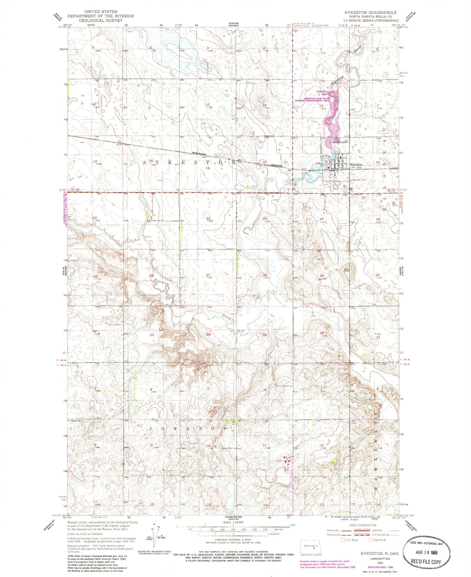 Classic USGS Sykeston North Dakota 7.5'x7.5' Topo Map Image