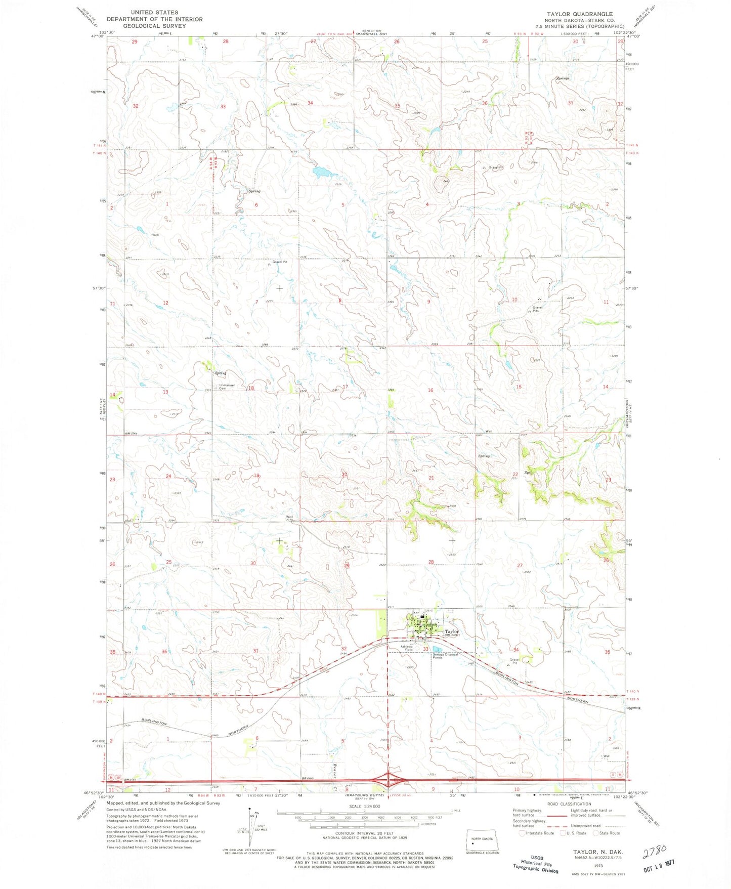 Classic USGS Taylor North Dakota 7.5'x7.5' Topo Map Image