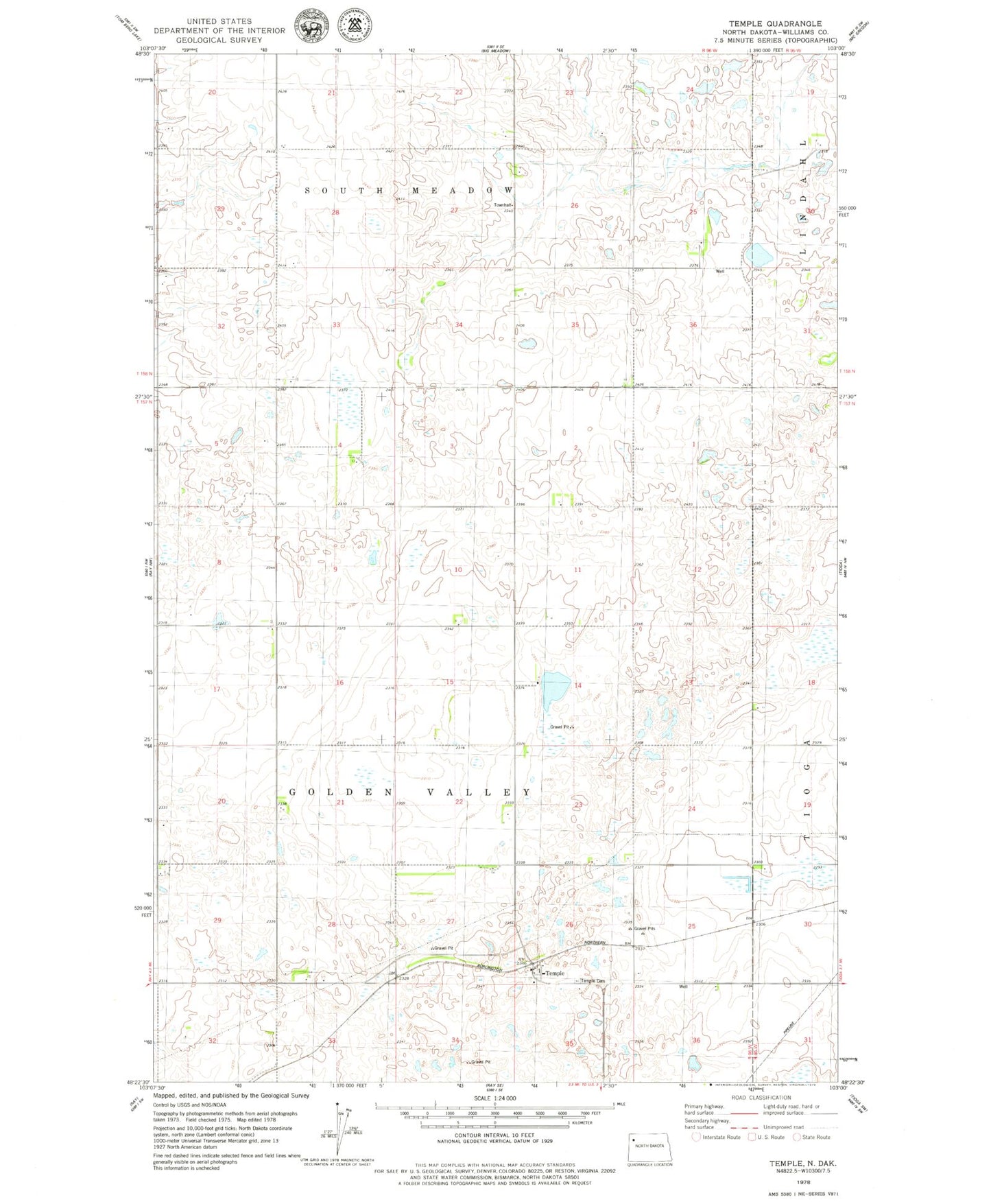 Classic USGS Temple North Dakota 7.5'x7.5' Topo Map Image