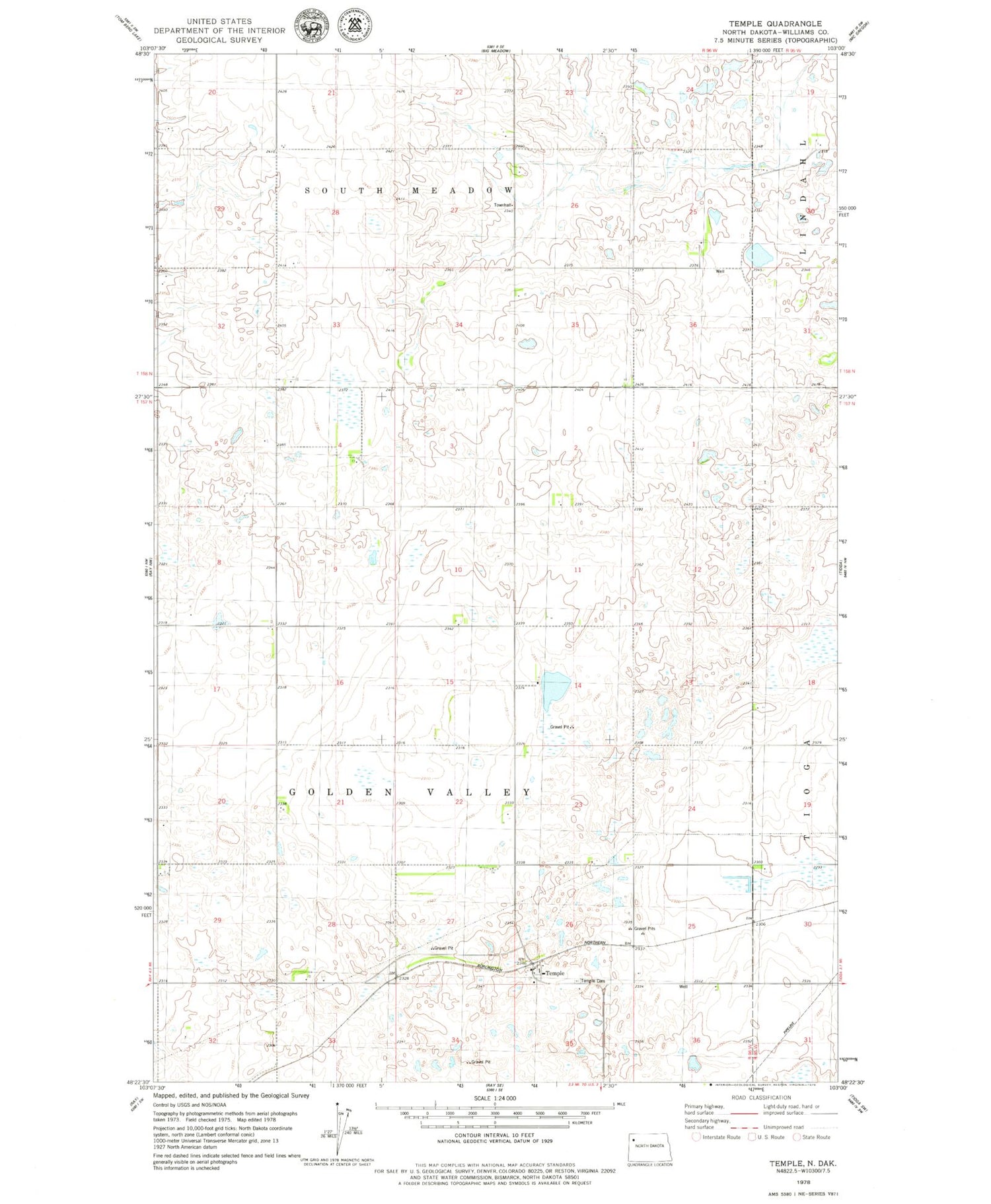 Classic USGS Temple North Dakota 7.5'x7.5' Topo Map Image
