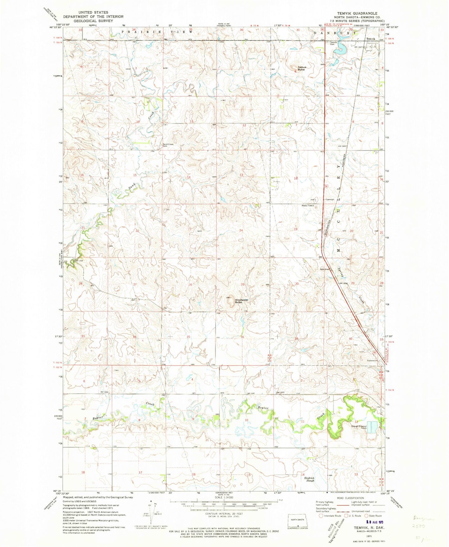 Classic USGS Temvik North Dakota 7.5'x7.5' Topo Map Image