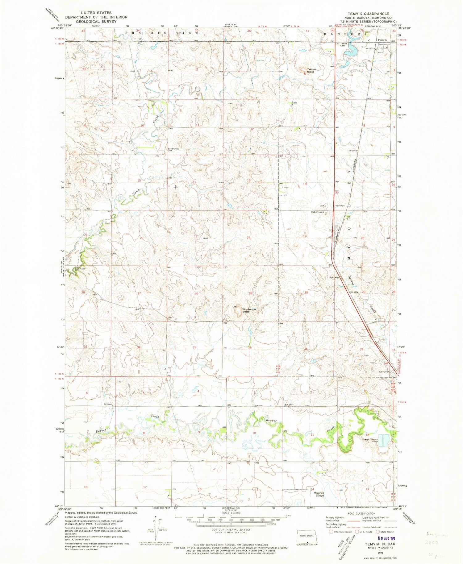 Classic USGS Temvik North Dakota 7.5'x7.5' Topo Map Image