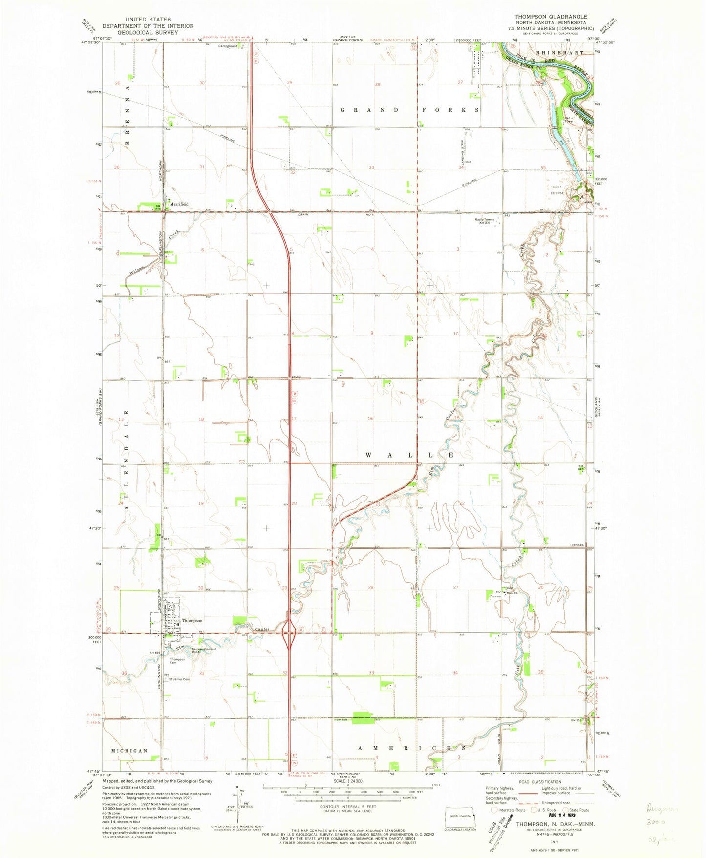 Classic USGS Thompson North Dakota 7.5'x7.5' Topo Map Image