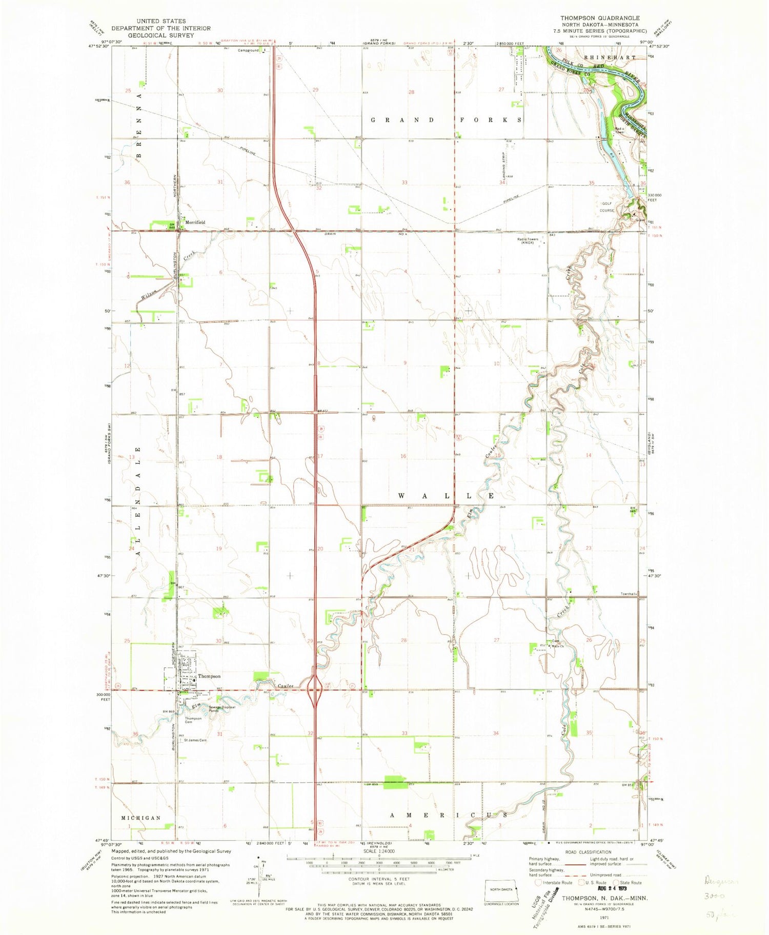 Classic USGS Thompson North Dakota 7.5'x7.5' Topo Map Image