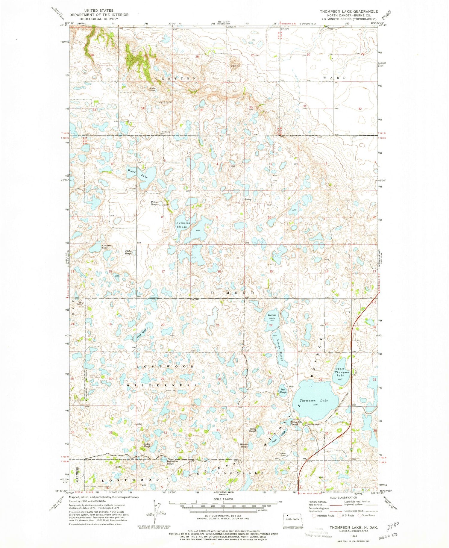 Classic USGS Thompson Lake North Dakota 7.5'x7.5' Topo Map Image