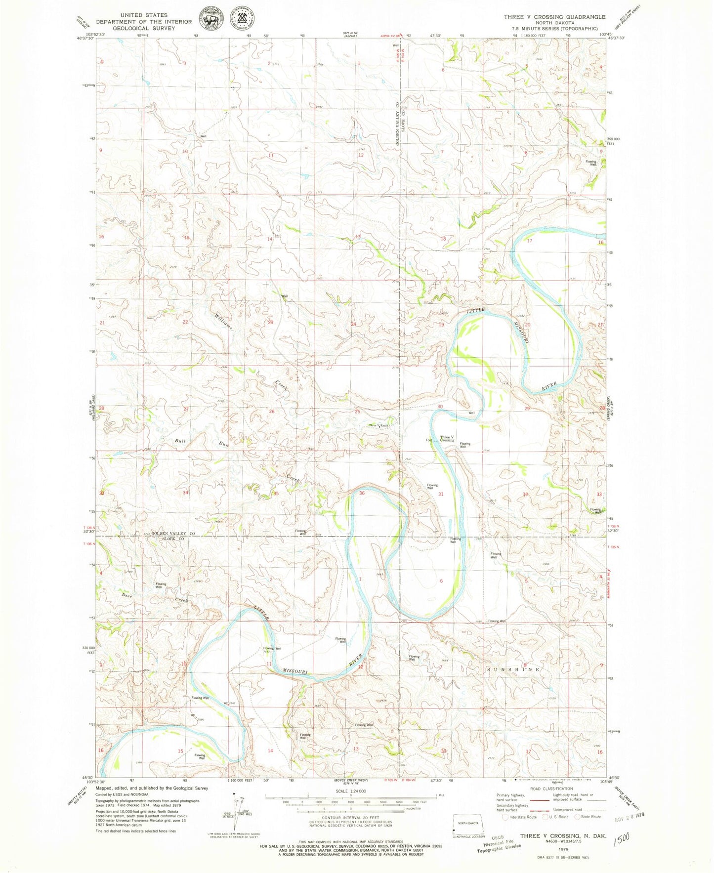 Classic USGS Three V Crossing North Dakota 7.5'x7.5' Topo Map Image