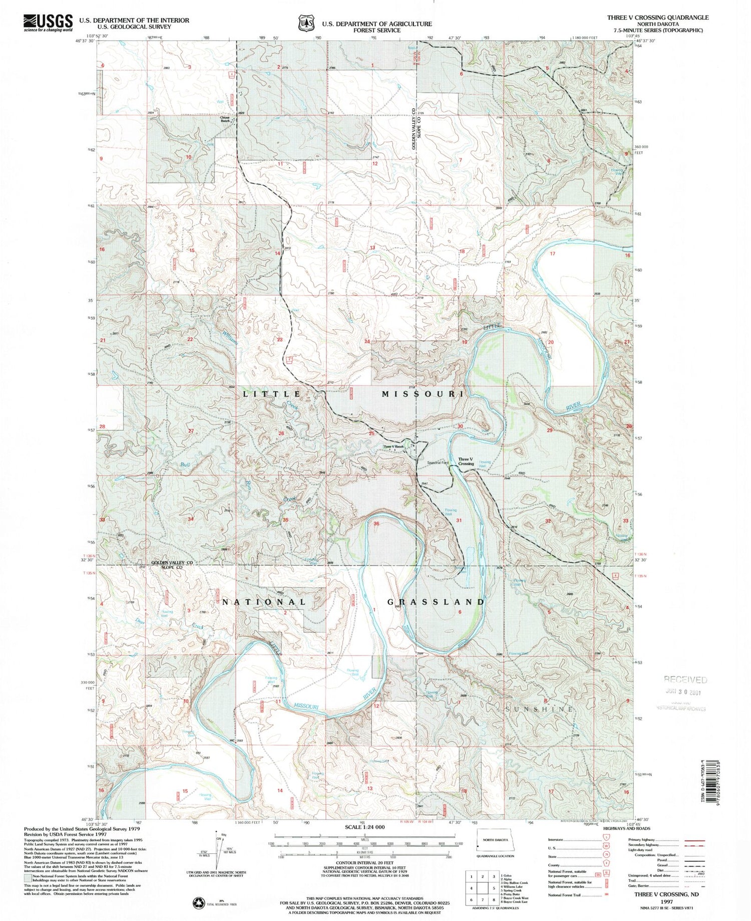Classic USGS Three V Crossing North Dakota 7.5'x7.5' Topo Map Image