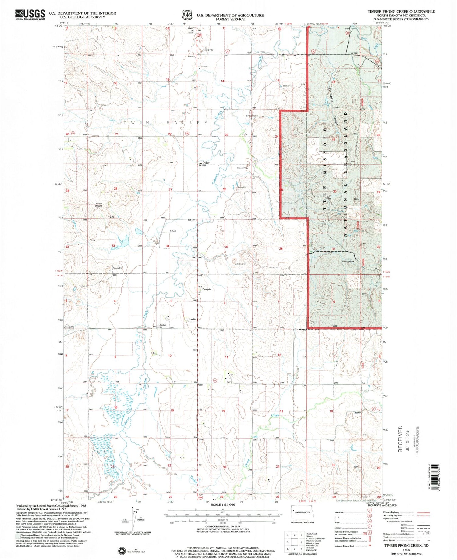 Classic USGS Timber Prong Creek North Dakota 7.5'x7.5' Topo Map Image