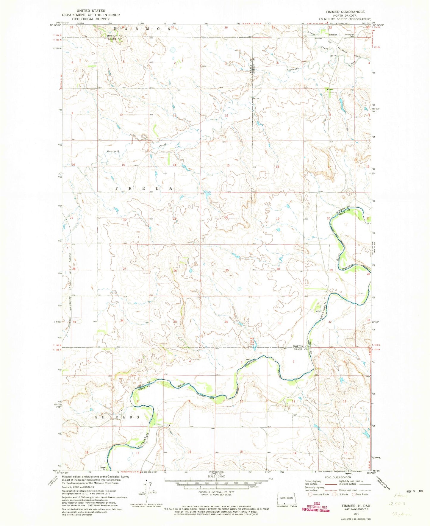 Classic USGS Timmer North Dakota 7.5'x7.5' Topo Map Image