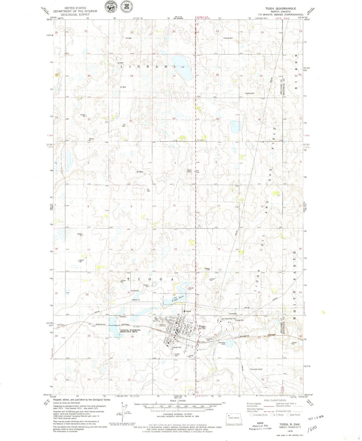 Classic USGS Tioga North Dakota 7.5'x7.5' Topo Map Image