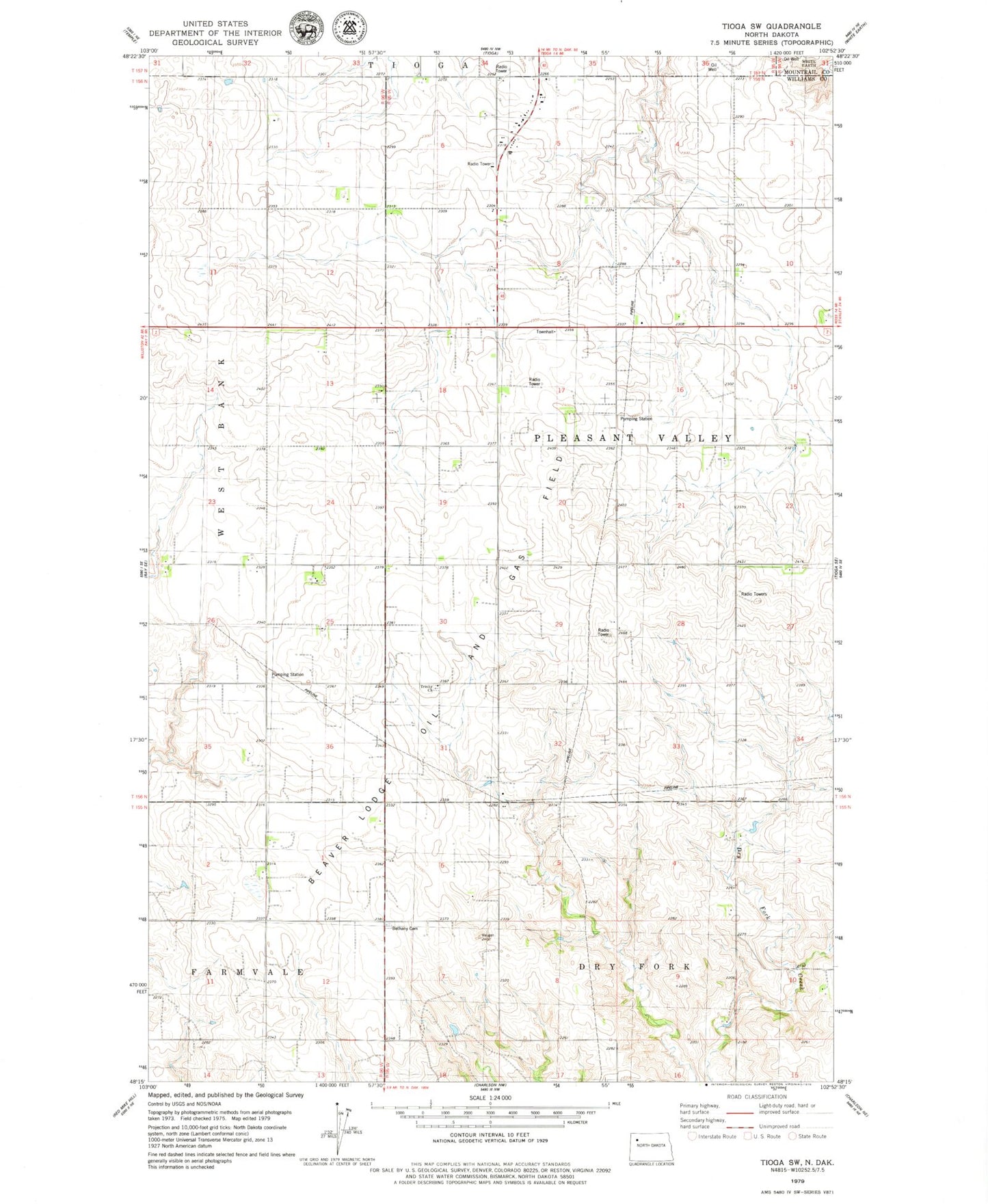 Classic USGS Tioga SW North Dakota 7.5'x7.5' Topo Map Image