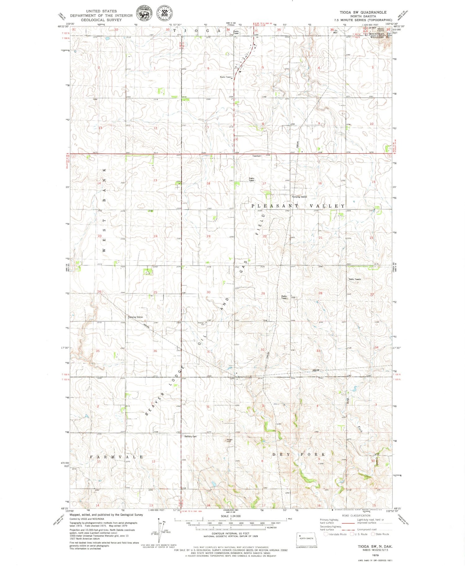 Classic USGS Tioga SW North Dakota 7.5'x7.5' Topo Map Image
