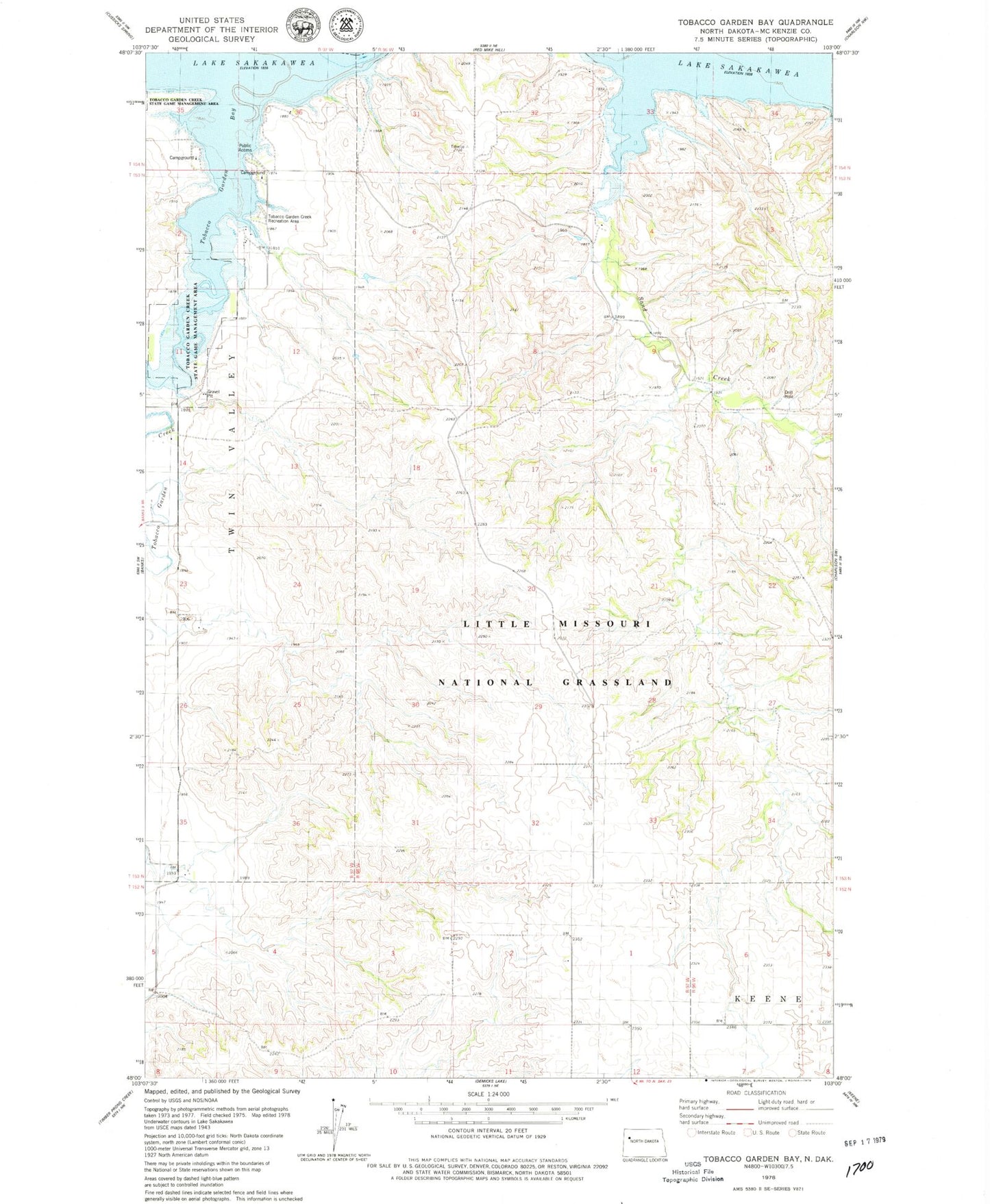 Classic USGS Tobacco Garden Bay North Dakota 7.5'x7.5' Topo Map Image