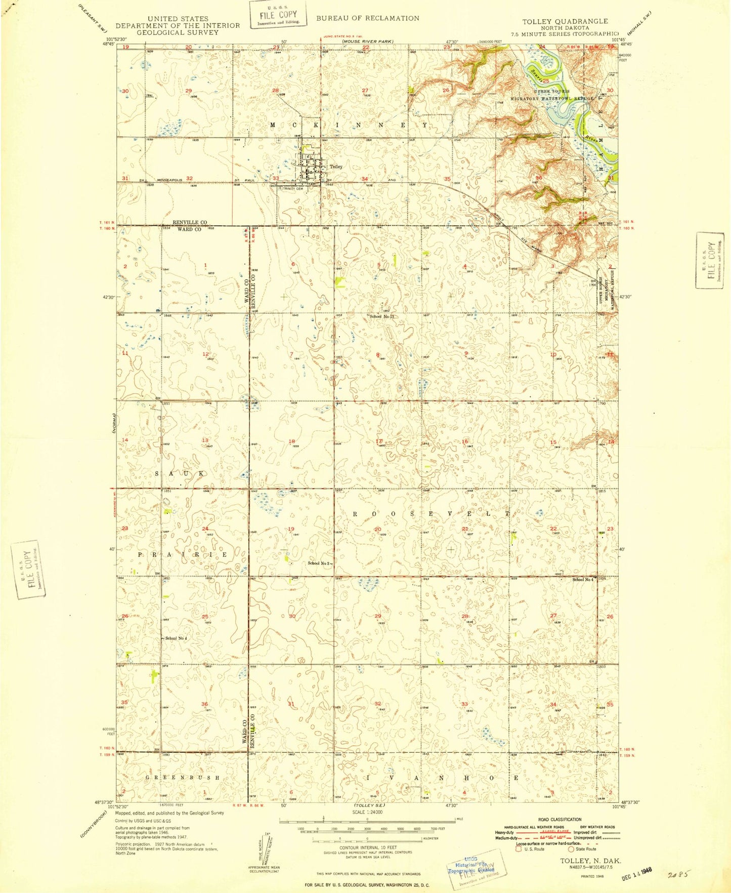 Classic USGS Tolley North Dakota 7.5'x7.5' Topo Map Image