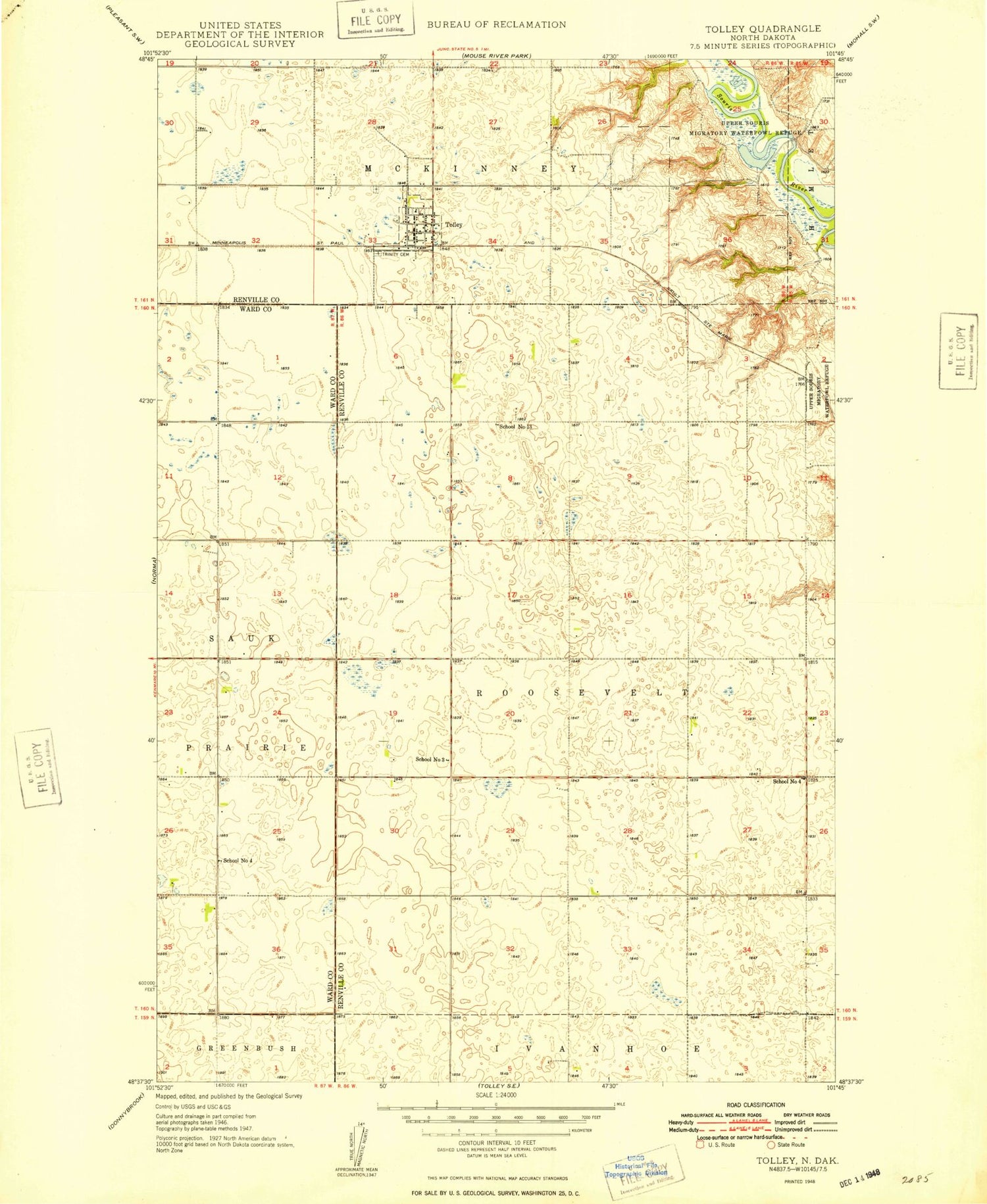 Classic USGS Tolley North Dakota 7.5'x7.5' Topo Map Image