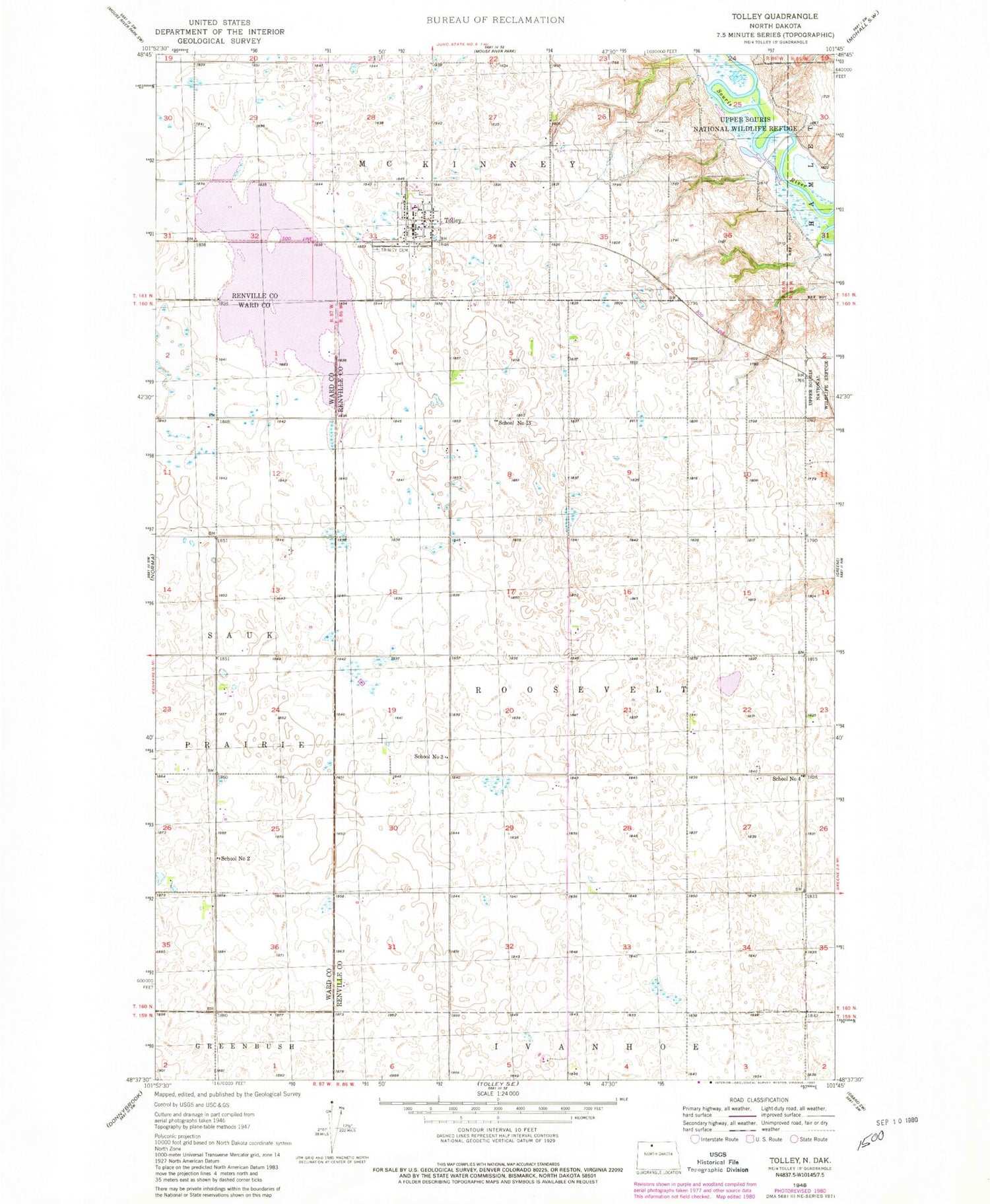 Classic USGS Tolley North Dakota 7.5'x7.5' Topo Map Image