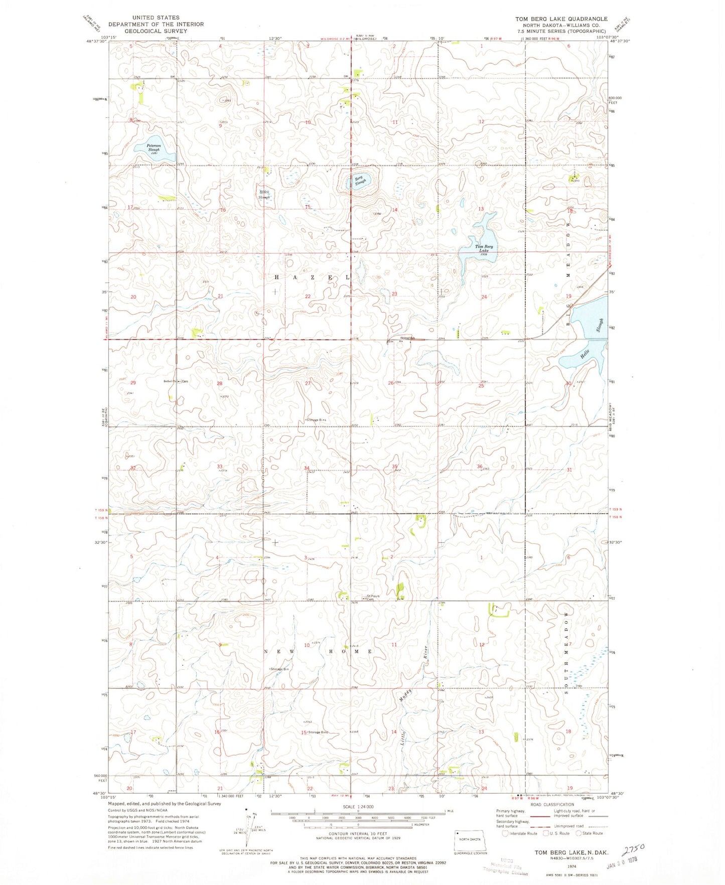 Classic USGS Tom Berg Lake North Dakota 7.5'x7.5' Topo Map Image