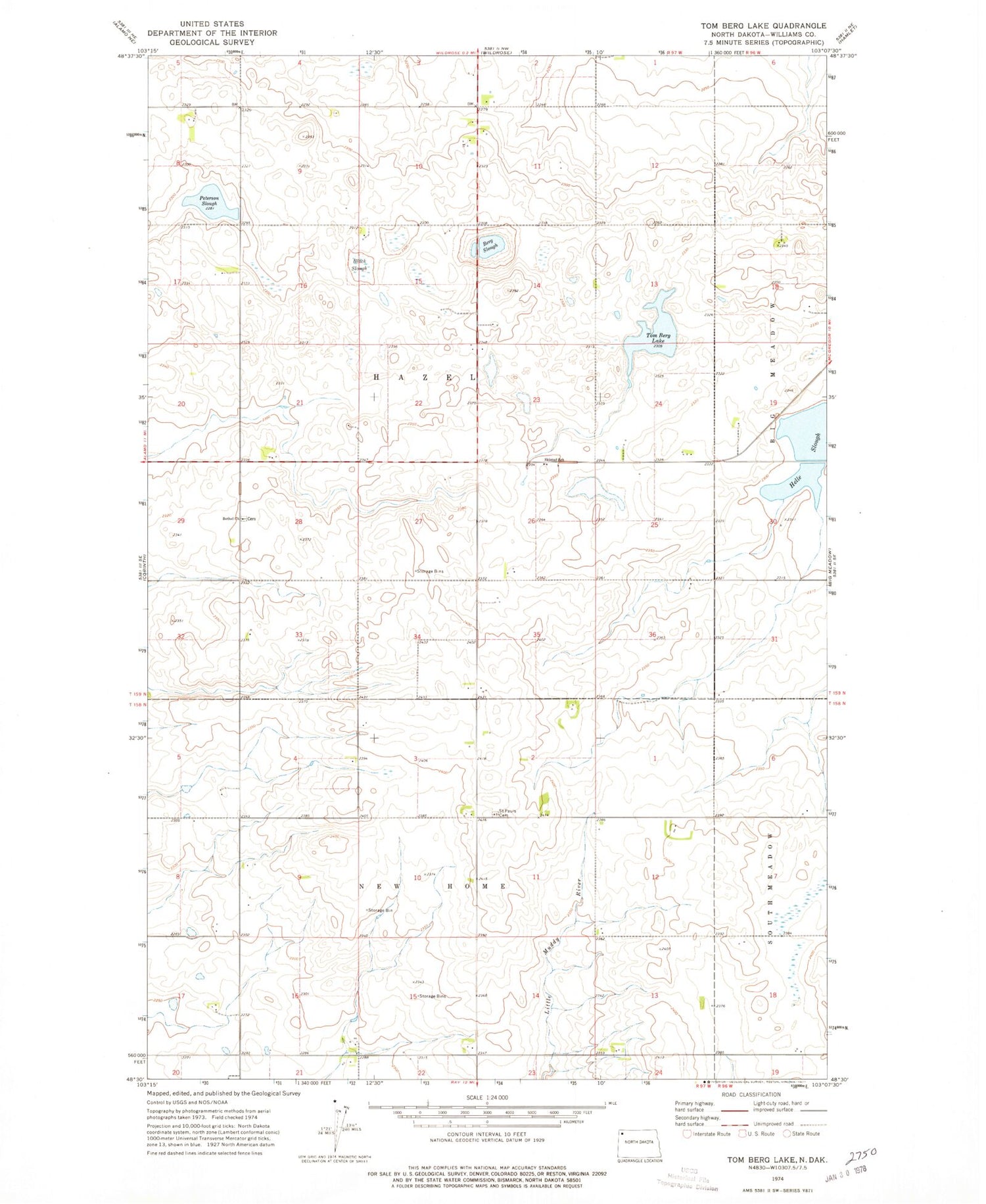 Classic USGS Tom Berg Lake North Dakota 7.5'x7.5' Topo Map Image