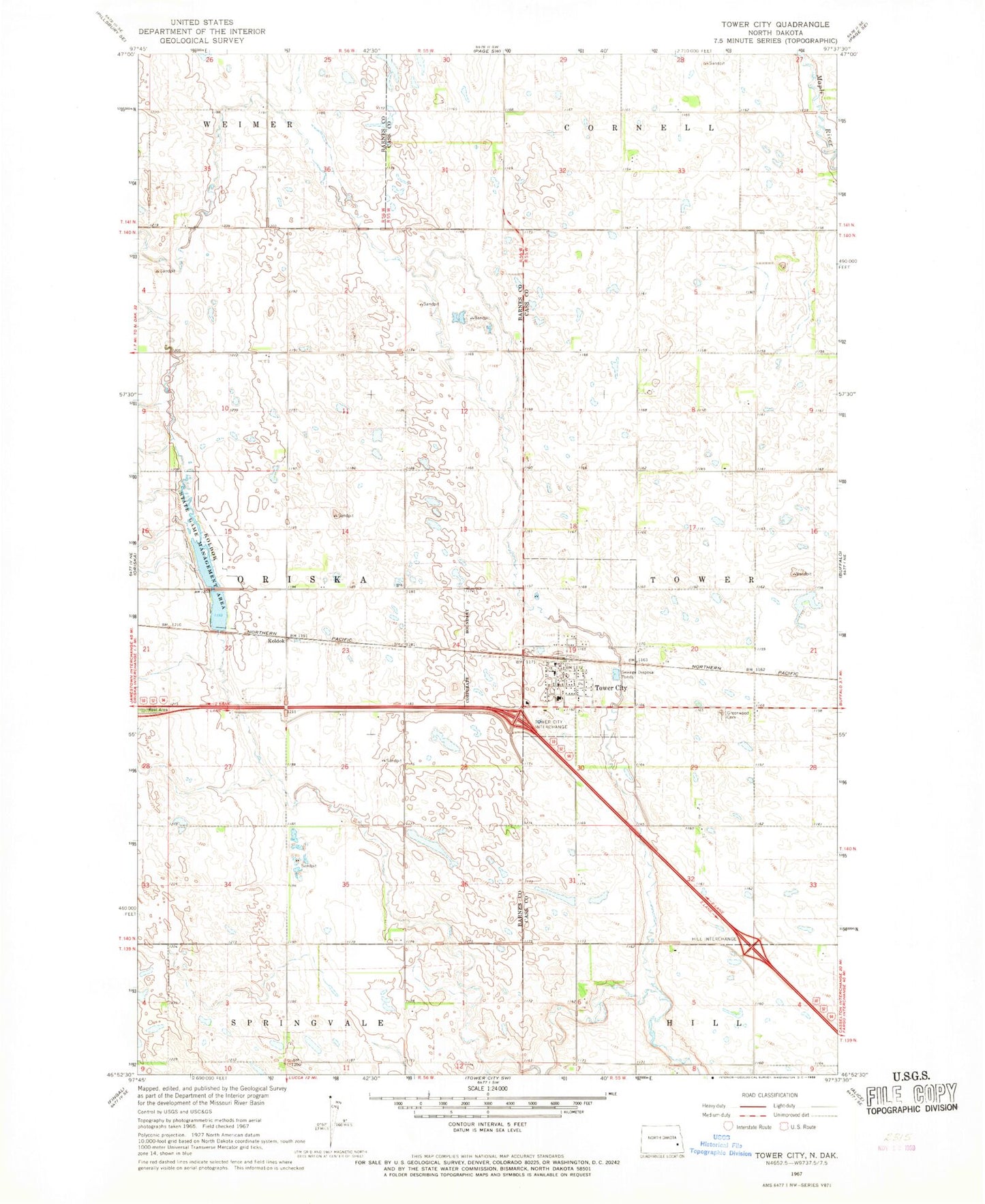 Classic USGS Tower City North Dakota 7.5'x7.5' Topo Map Image