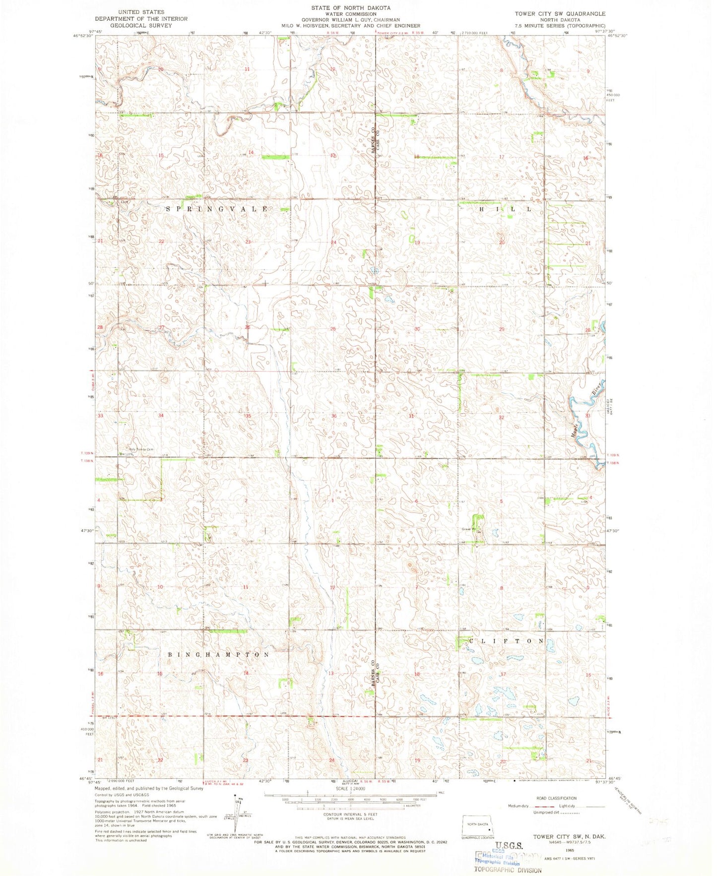 Classic USGS Tower City SW North Dakota 7.5'x7.5' Topo Map Image