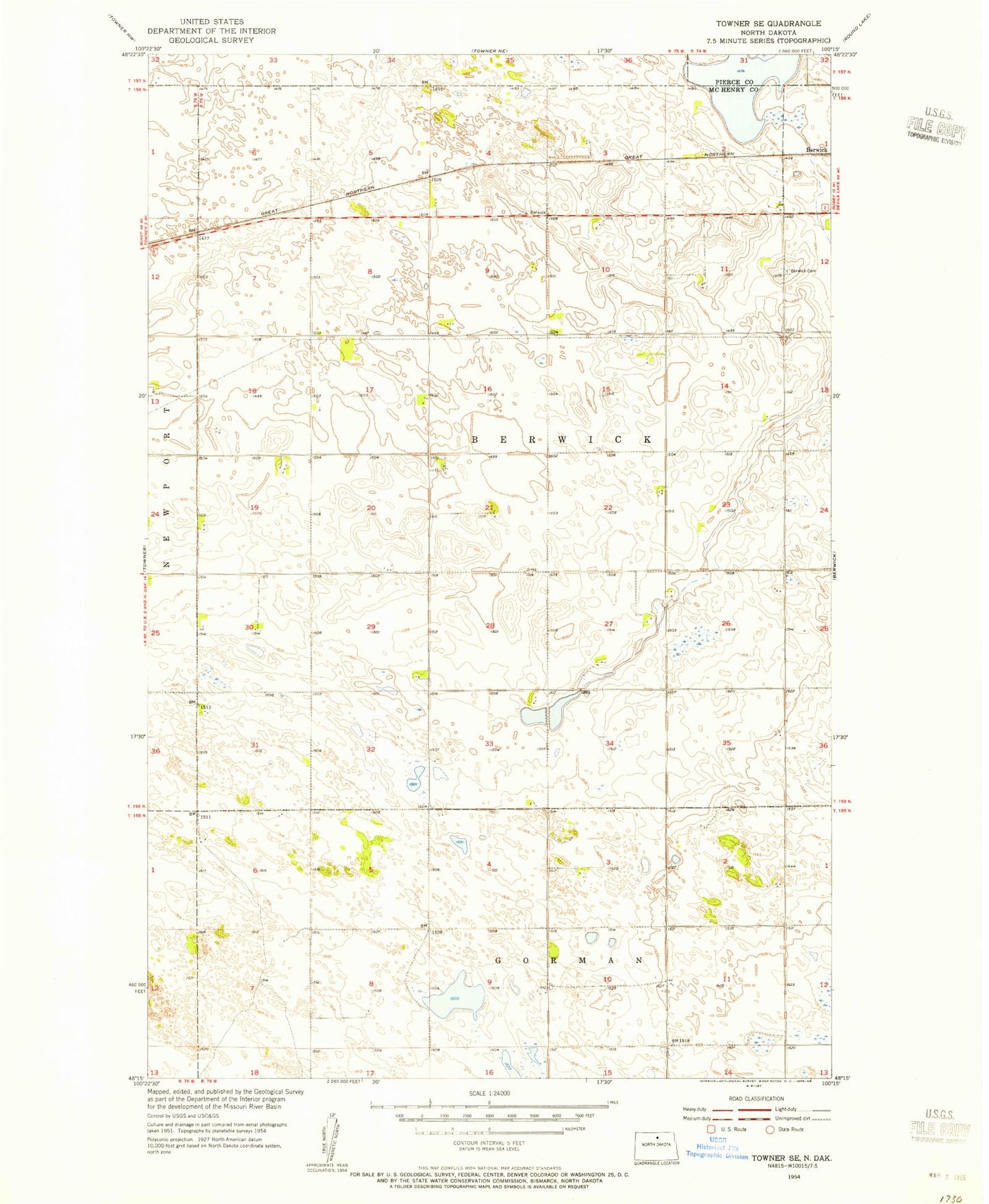 Classic USGS Towner SE North Dakota 7.5'x7.5' Topo Map Image