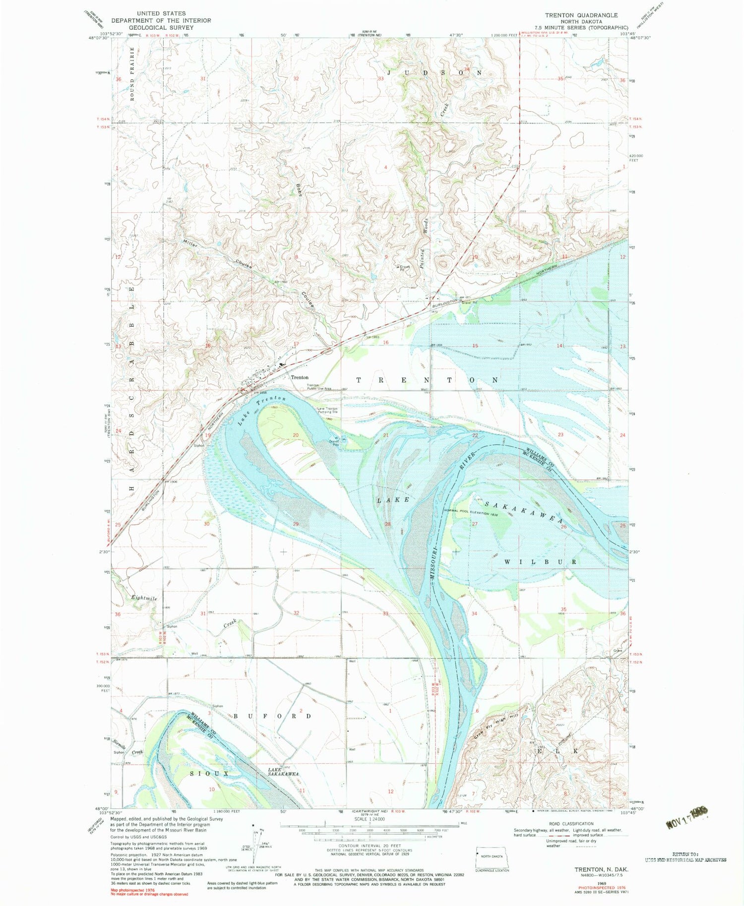 Classic USGS Trenton North Dakota 7.5'x7.5' Topo Map Image