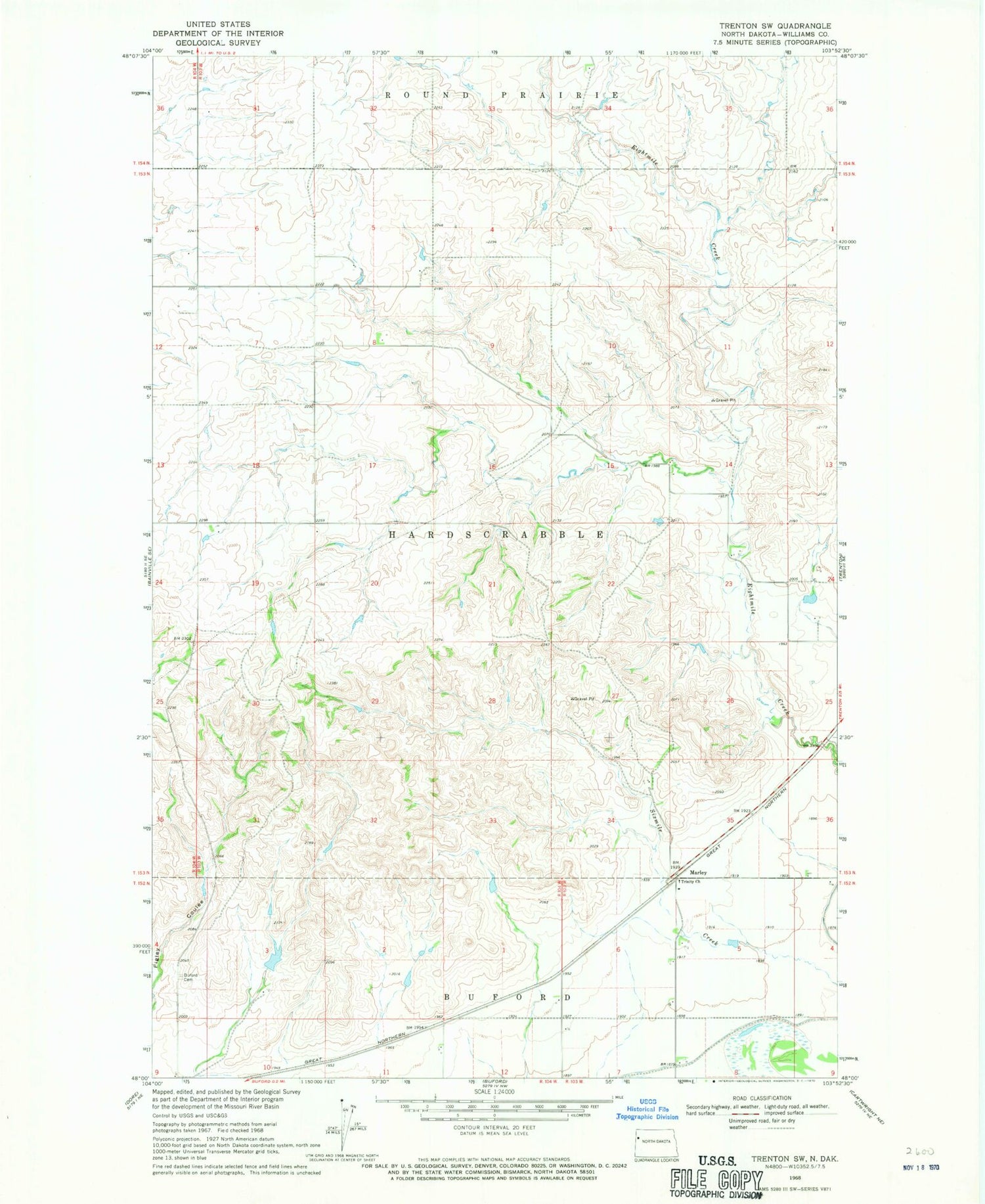 Classic USGS Trenton SW North Dakota 7.5'x7.5' Topo Map Image