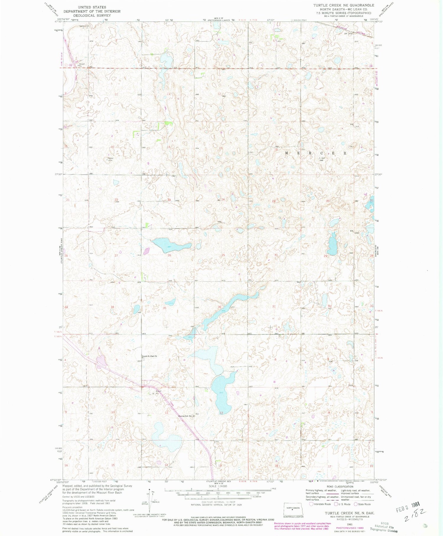 Classic USGS Turtle Creek NE North Dakota 7.5'x7.5' Topo Map Image