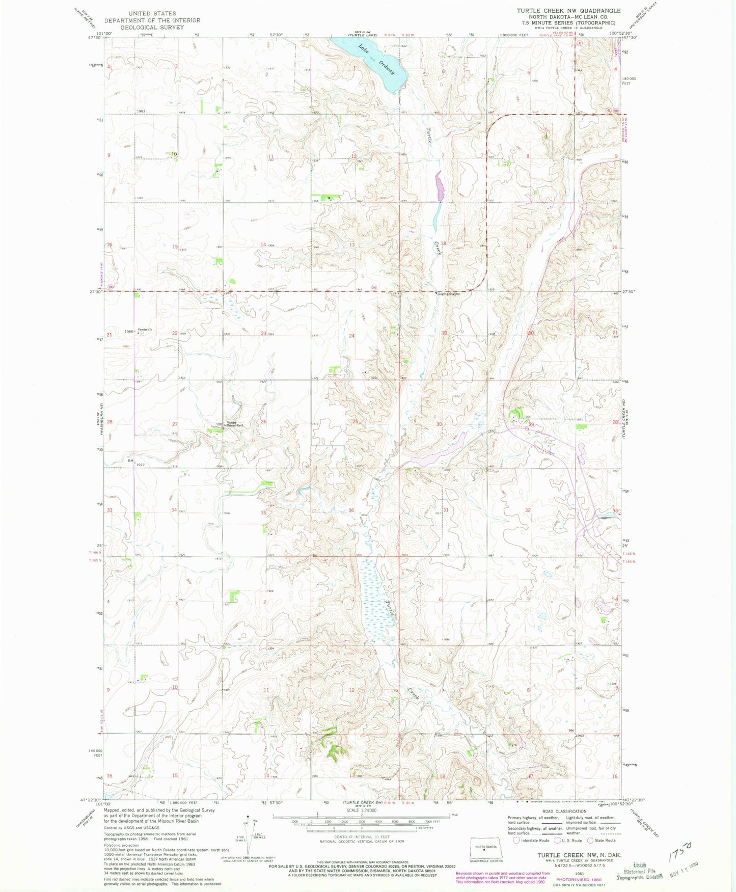 Classic USGS Turtle Creek NW North Dakota 7.5'x7.5' Topo Map Image