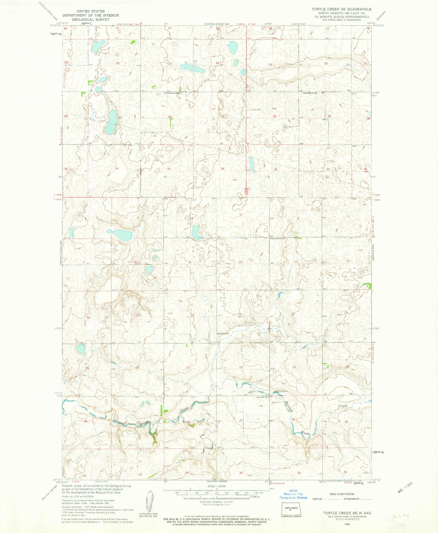 Classic USGS Turtle Creek SE North Dakota 7.5'x7.5' Topo Map Image