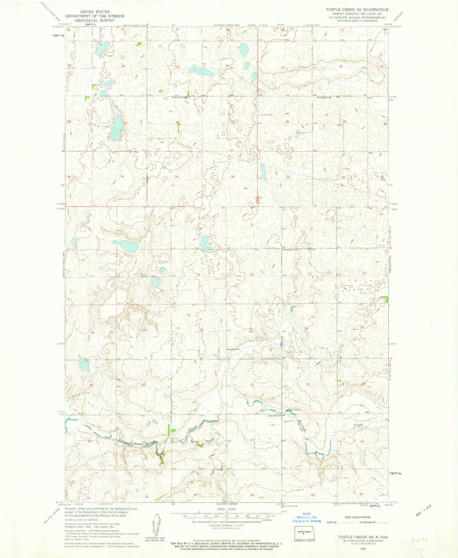 Classic USGS Turtle Creek SE North Dakota 7.5'x7.5' Topo Map Image