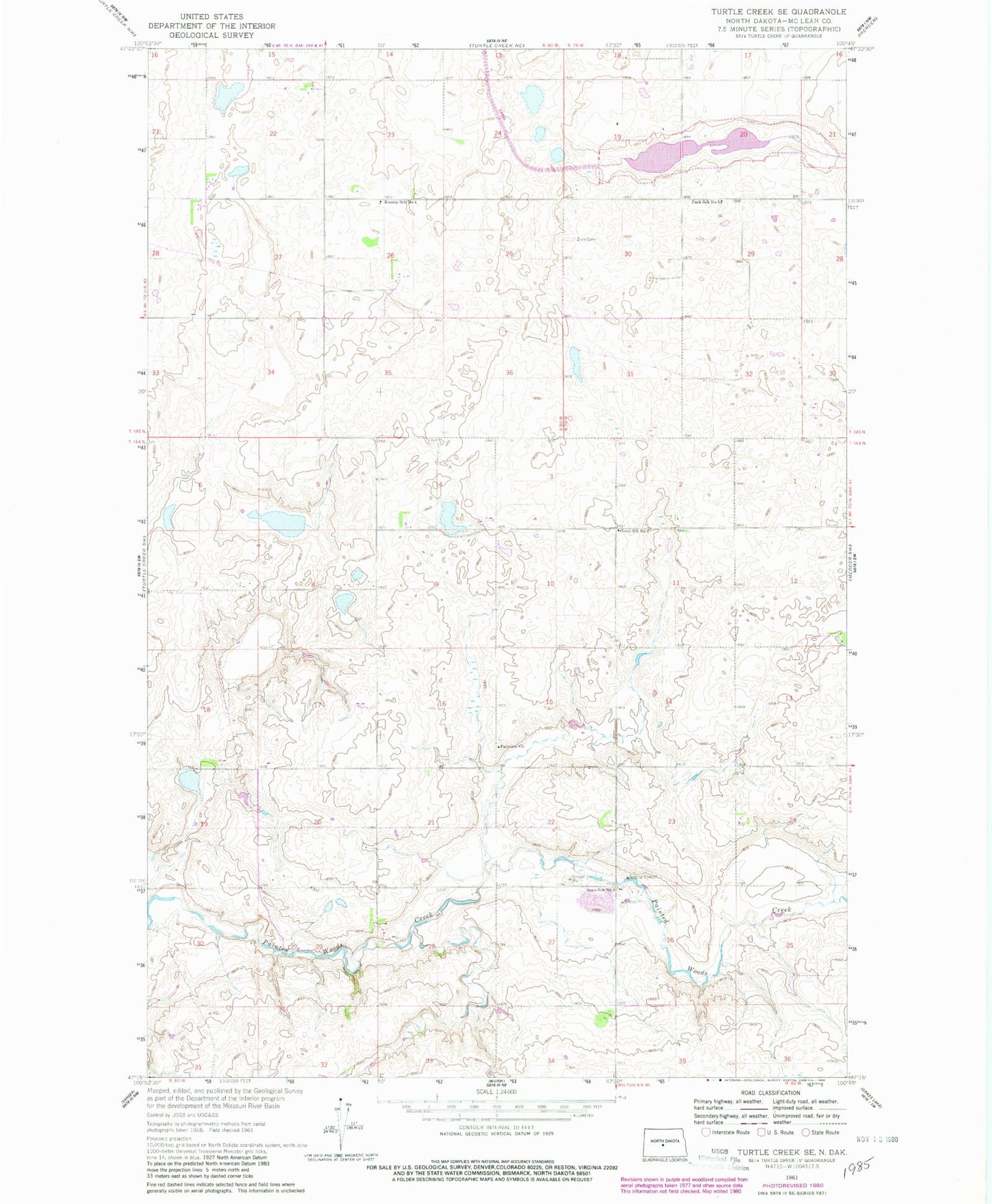 Classic USGS Turtle Creek SE North Dakota 7.5'x7.5' Topo Map Image