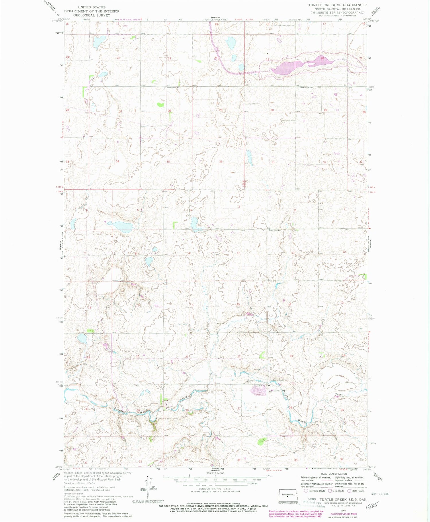 Classic USGS Turtle Creek SE North Dakota 7.5'x7.5' Topo Map Image