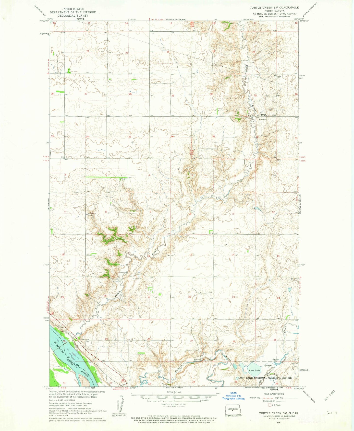 Classic USGS Turtle Creek SW North Dakota 7.5'x7.5' Topo Map Image