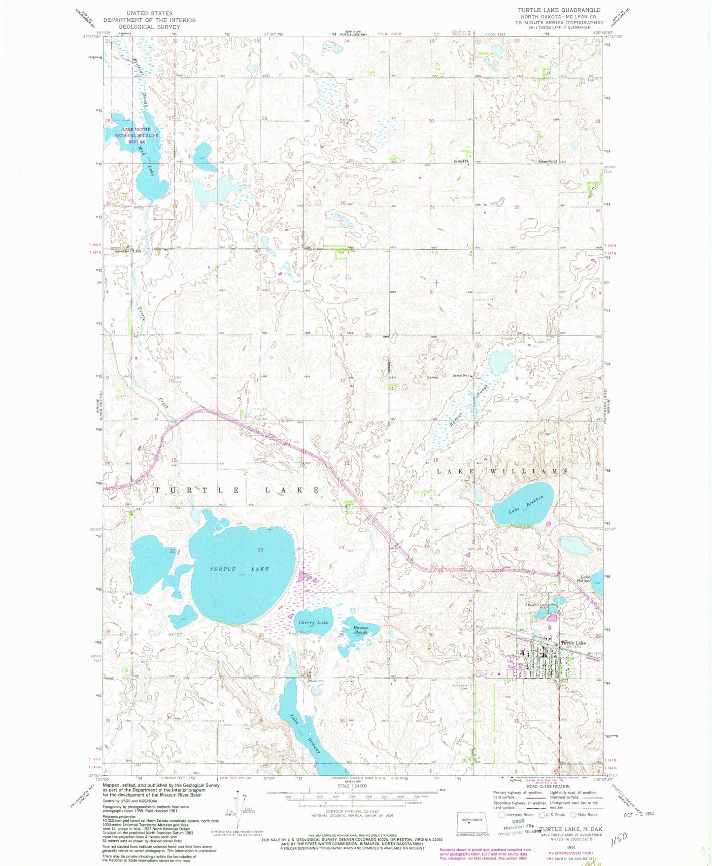 Classic USGS Turtle Lake North Dakota 7.5'x7.5' Topo Map Image