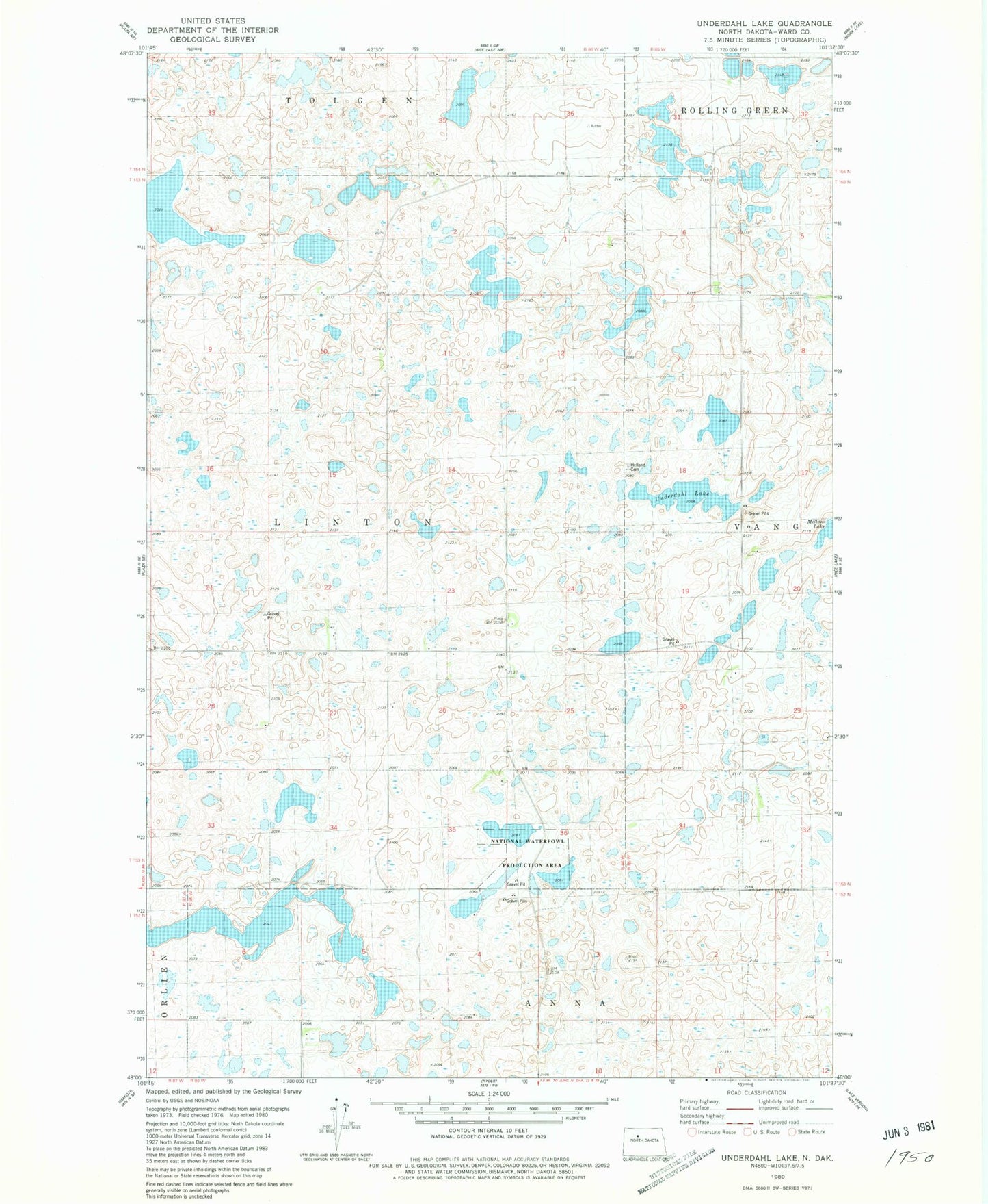 Classic USGS Underdahl Lake North Dakota 7.5'x7.5' Topo Map Image