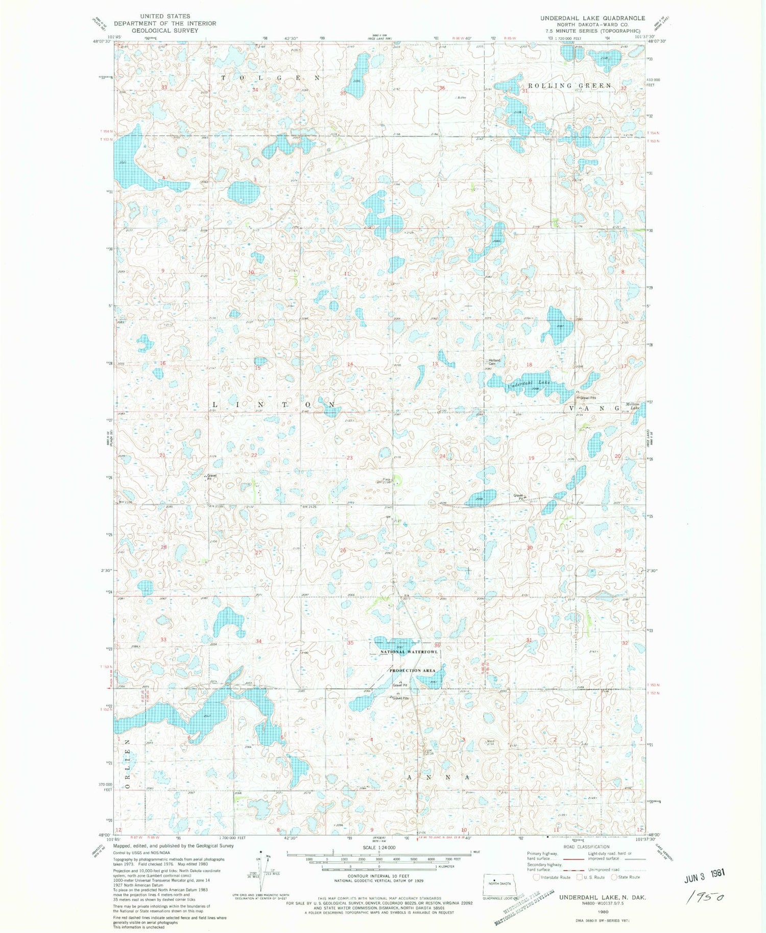 Classic USGS Underdahl Lake North Dakota 7.5'x7.5' Topo Map Image