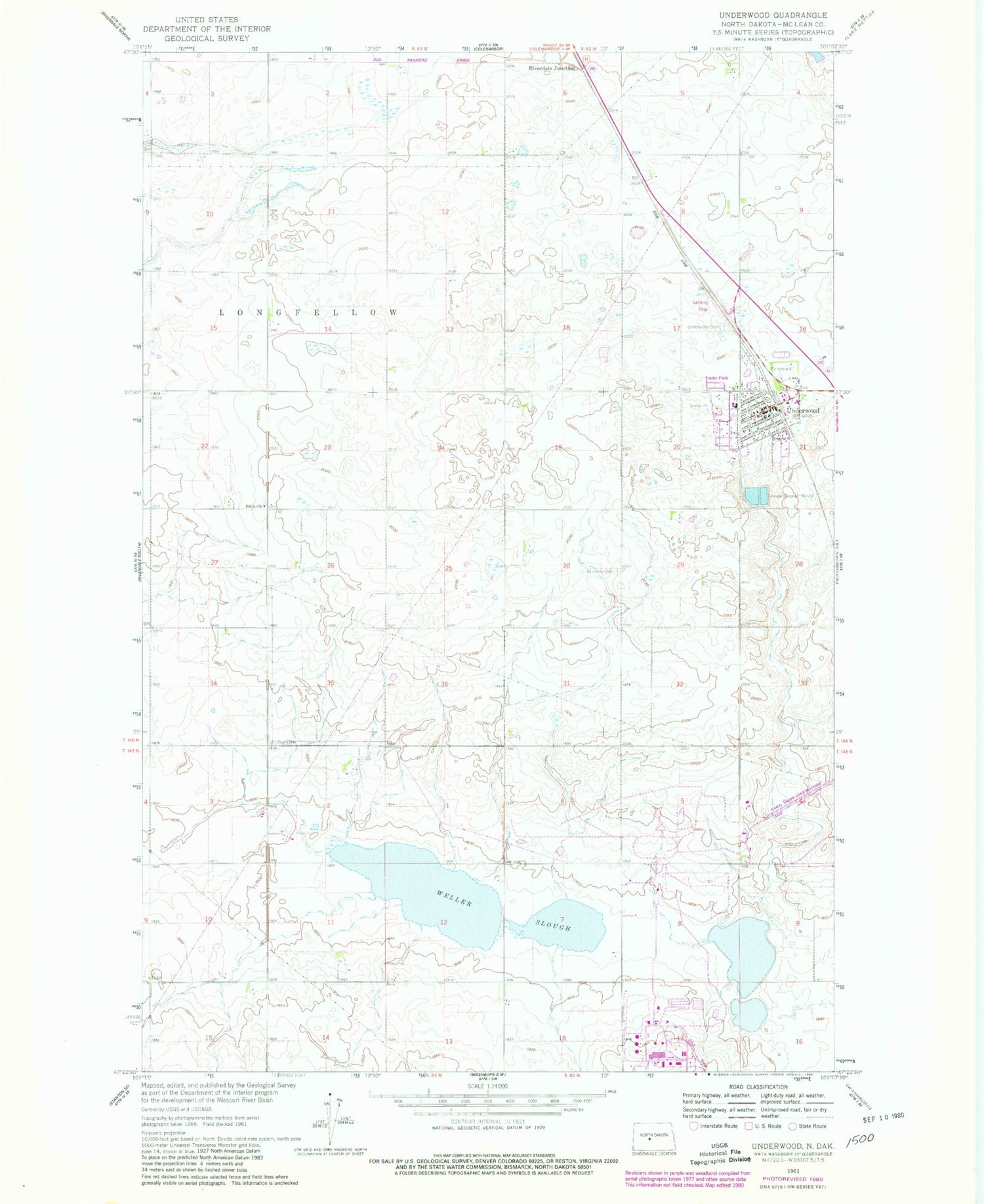 Classic USGS Underwood North Dakota 7.5'x7.5' Topo Map Image