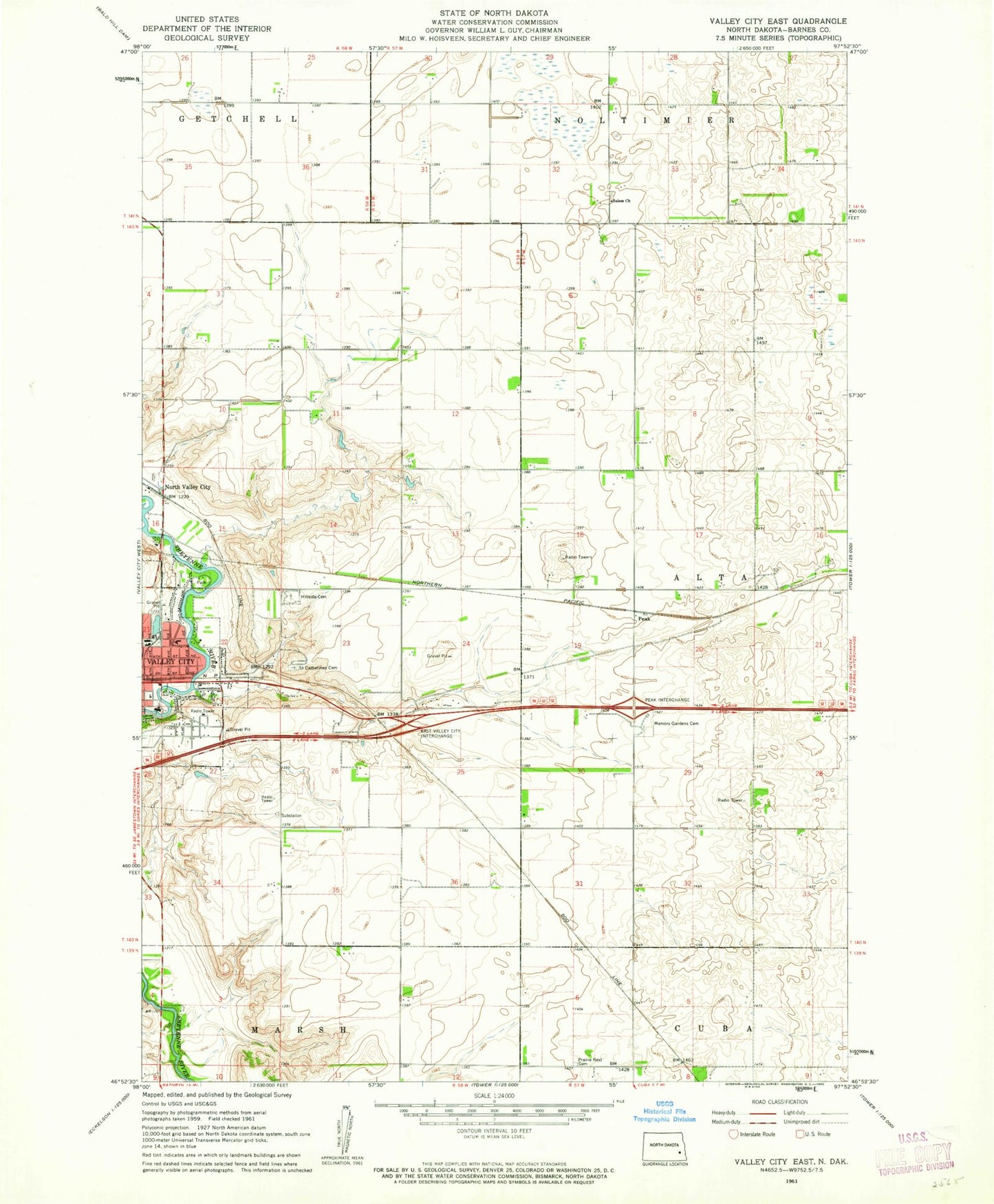 Classic USGS Valley City East North Dakota 7.5'x7.5' Topo Map Image