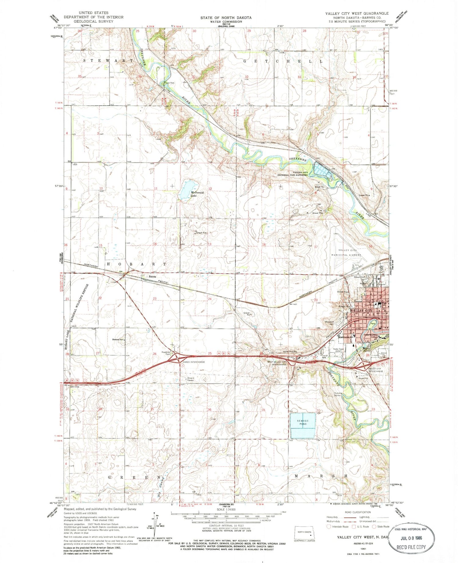 Classic USGS Valley City West North Dakota 7.5'x7.5' Topo Map Image