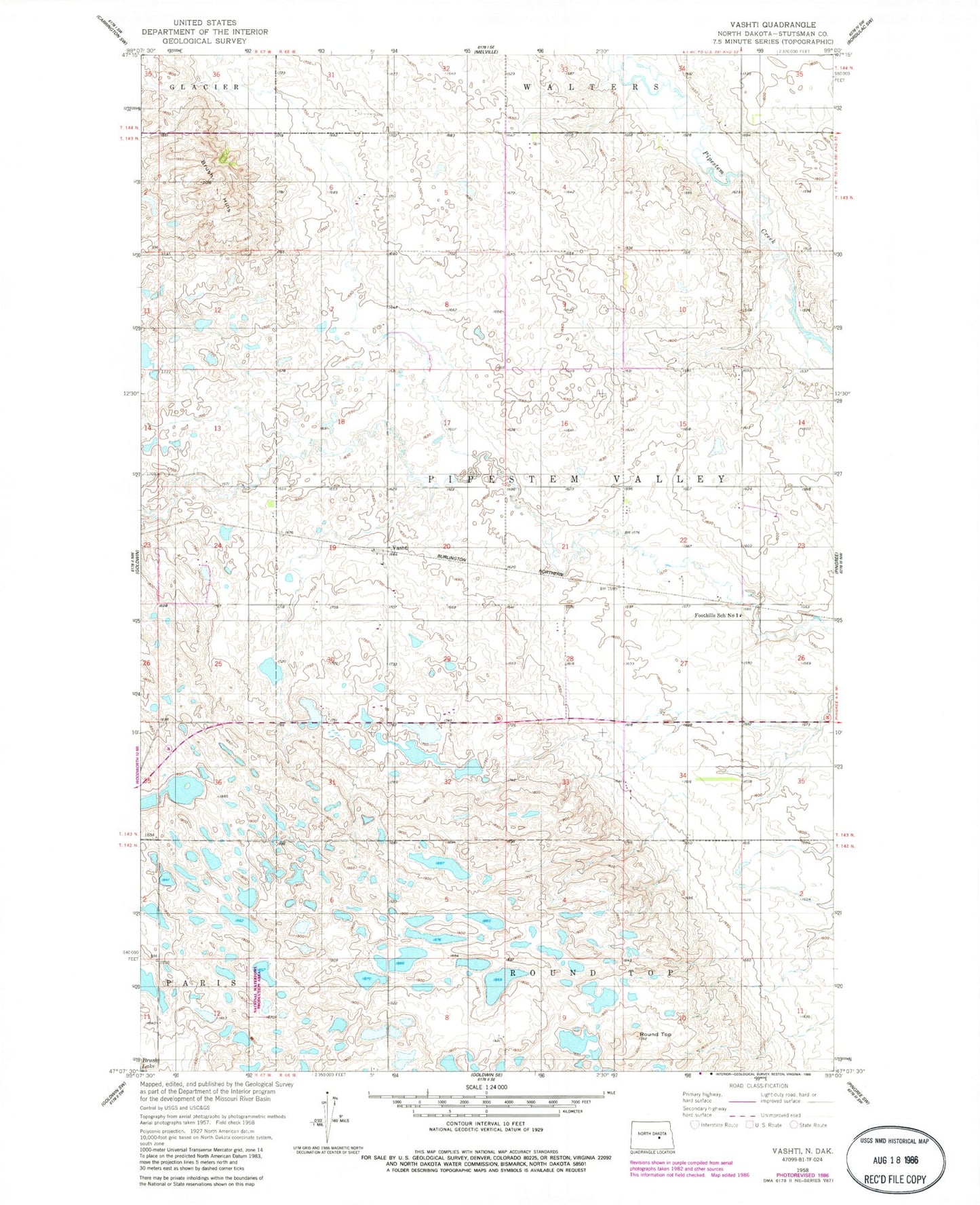 Classic USGS Vashti North Dakota 7.5'x7.5' Topo Map Image