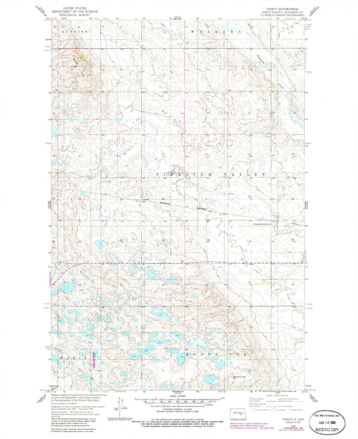 Classic USGS Vashti North Dakota 7.5'x7.5' Topo Map Image