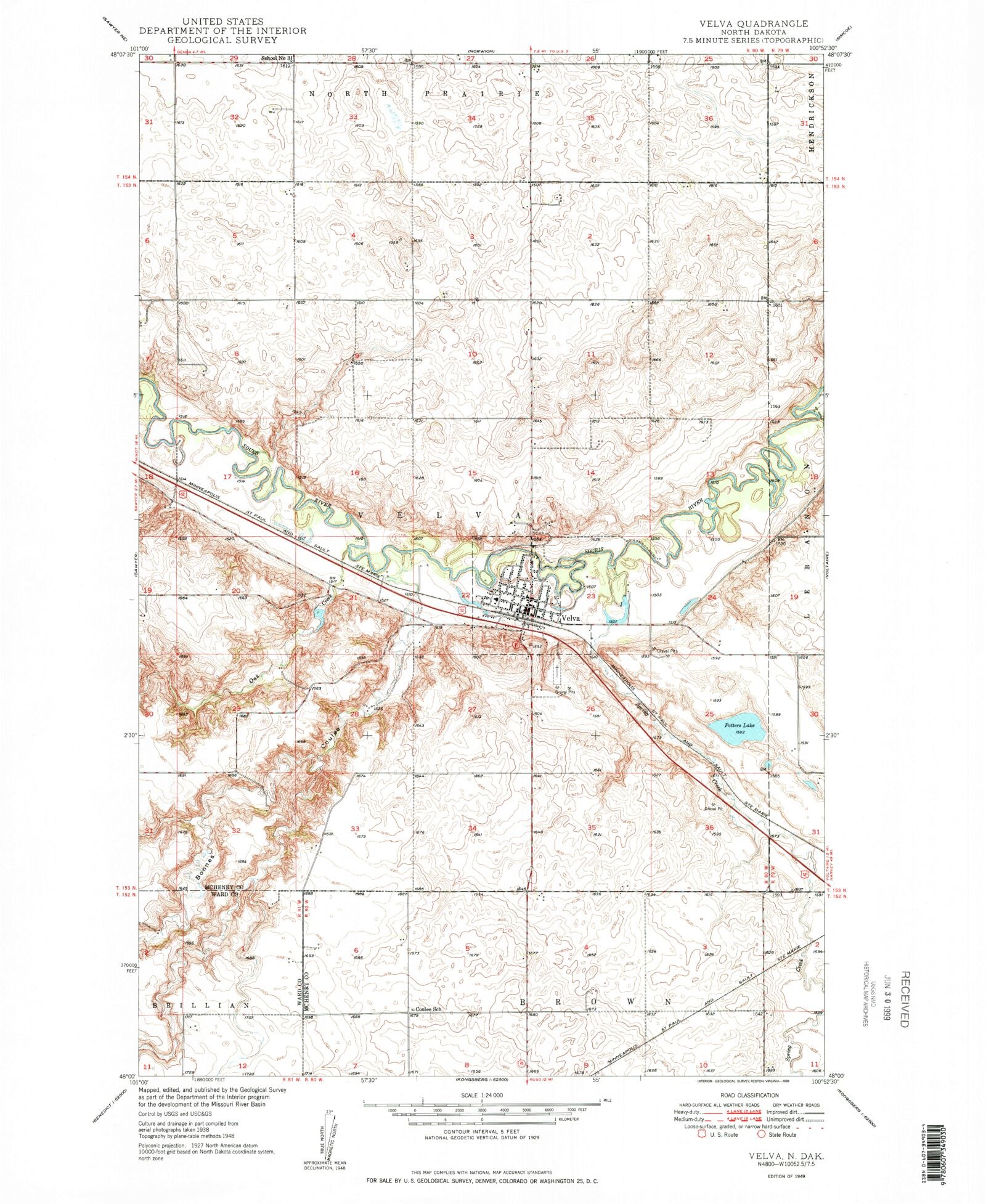 Classic USGS Velva North Dakota 7.5'x7.5' Topo Map – MyTopo Map Store