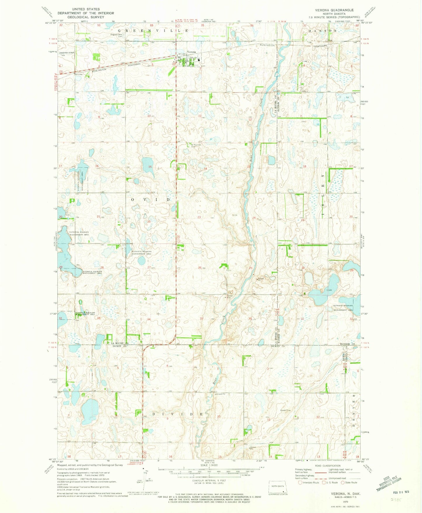Classic USGS Verona North Dakota 7.5'x7.5' Topo Map Image