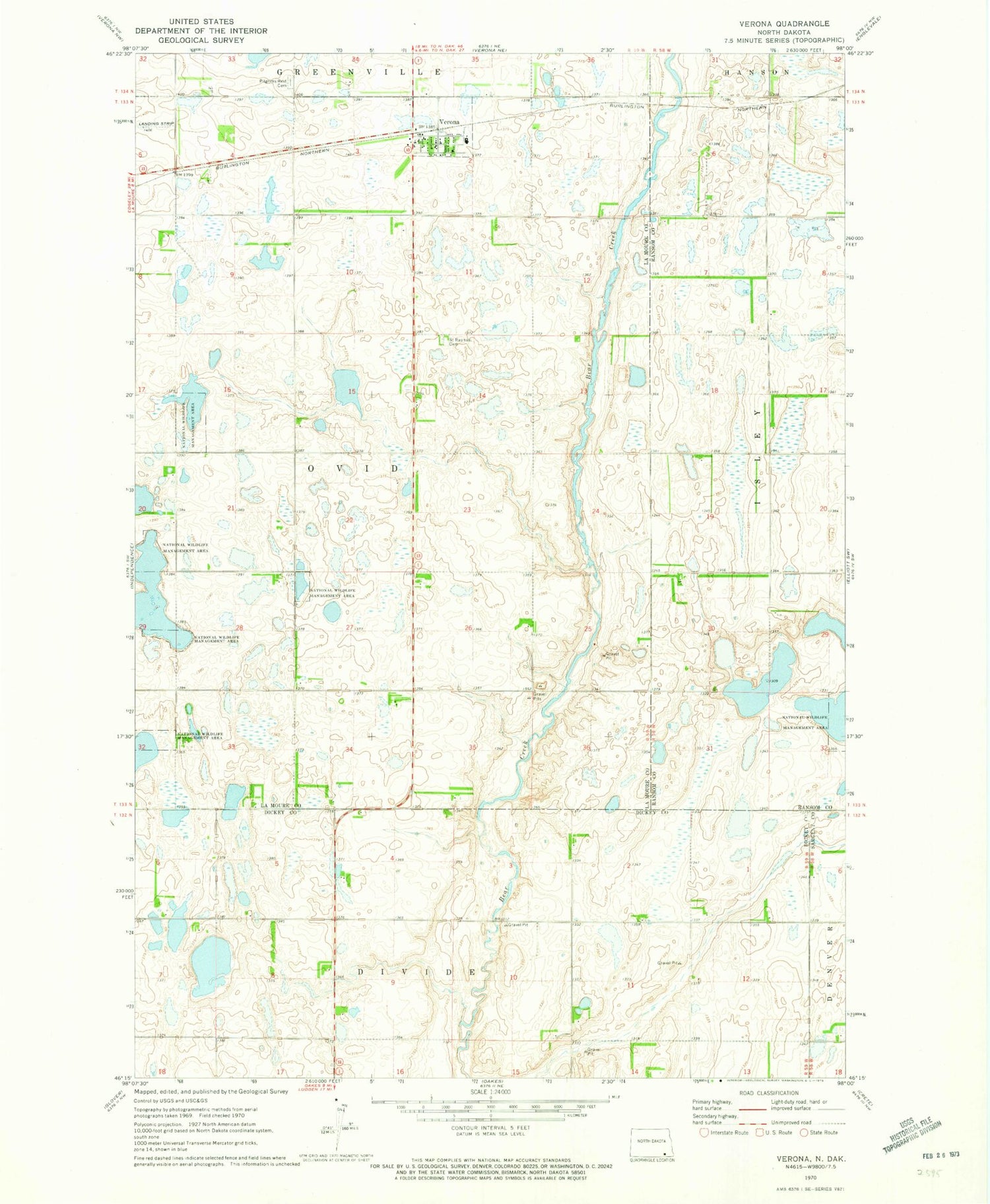 Classic USGS Verona North Dakota 7.5'x7.5' Topo Map Image